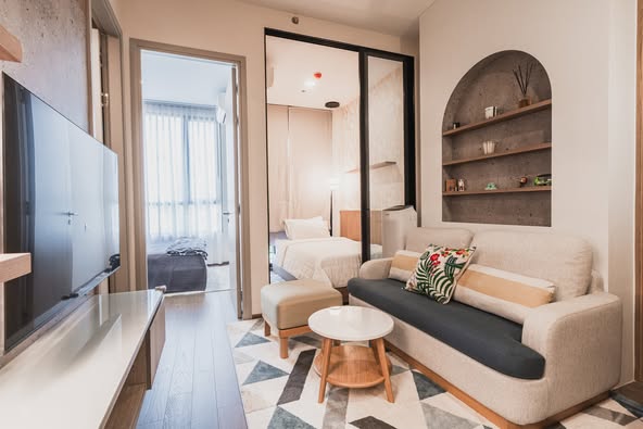 living room and bedroom of Park​ Origin​ Phaya Thai