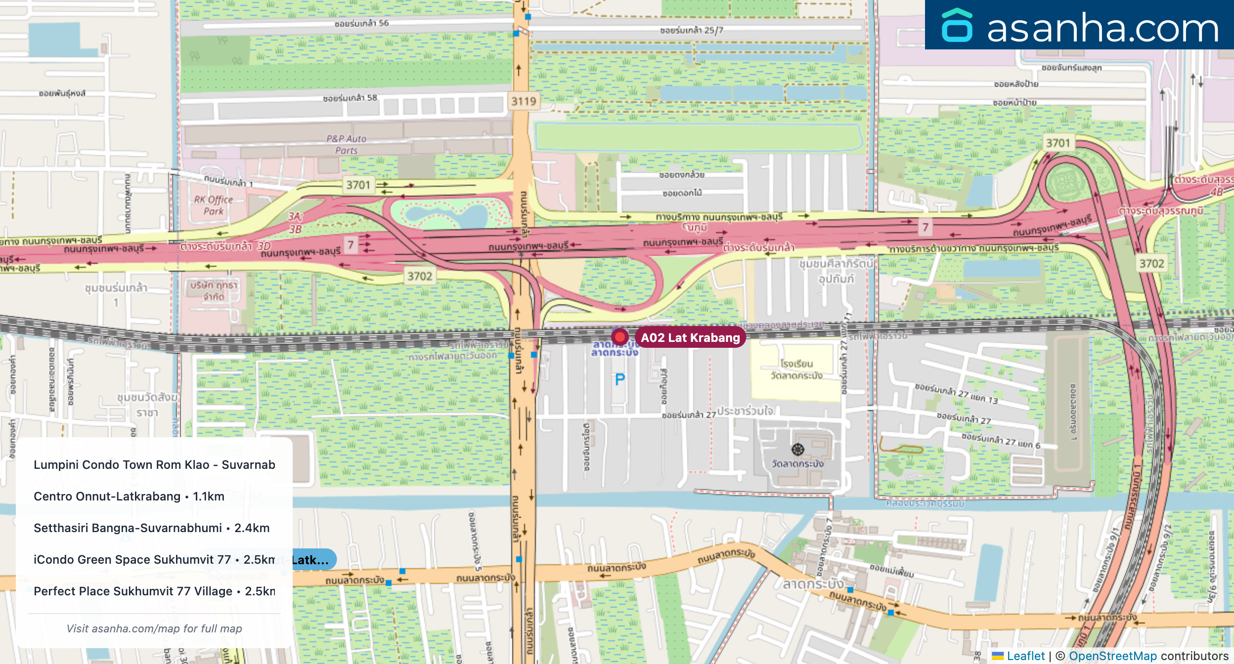 Map of condo projects near A02 Lat Krabang station. Nearest projects are Lumpini Condo Town Rom Klao - Suvarnabhumi 1.1 km, Centro Onnut-Latkrabang 1.1 km, Setthasiri Bangna-Suvarnabhumi 2.4 km, iCondo Green Space Sukhumvit 77 2.5 km, Perfect Place Sukhumvit 77 Village 2.5 km. Visit asanha.com/map for the full map
