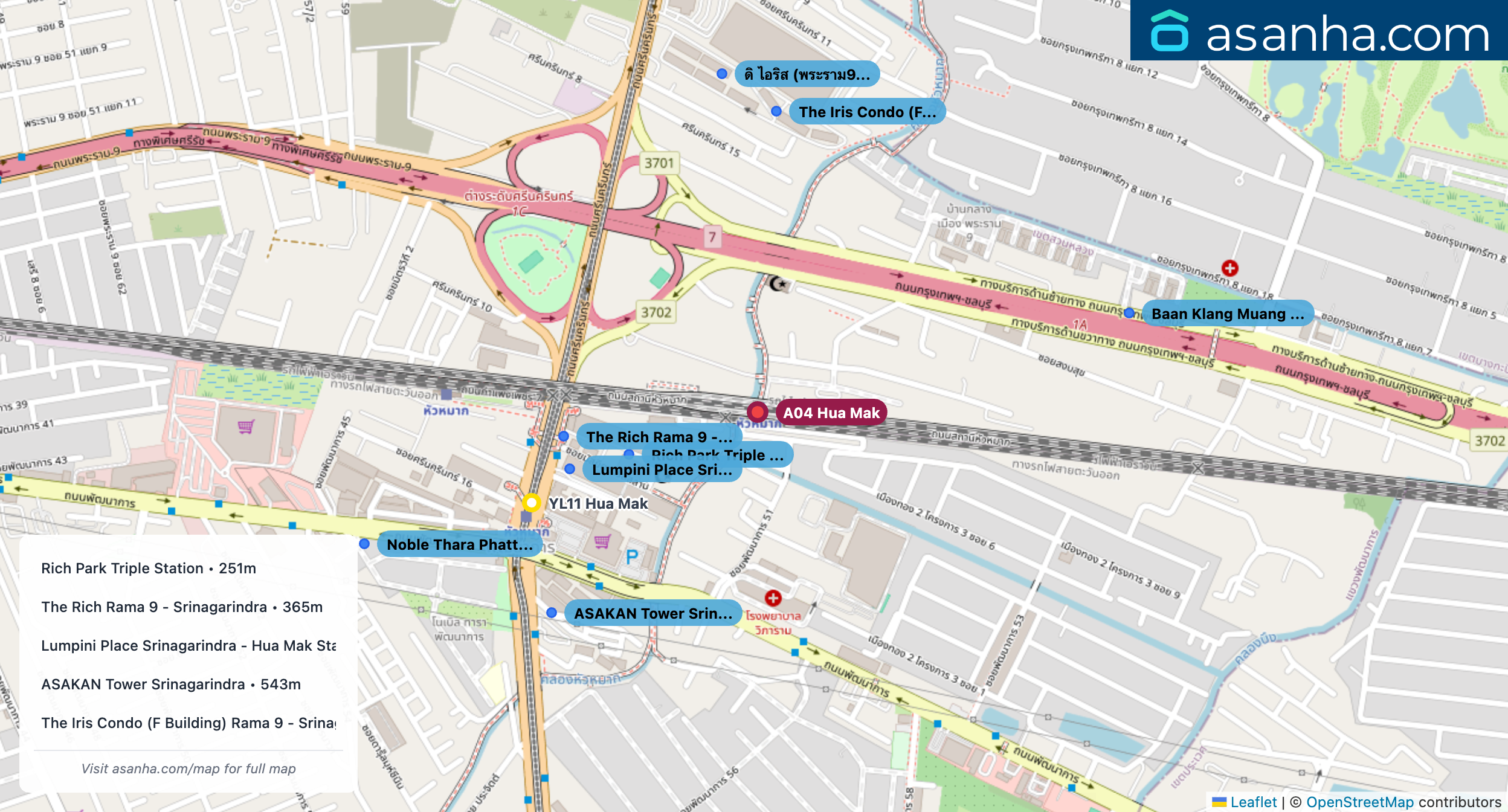 Map of condo projects near A04 Hua Mak station. Nearest projects are Rich Park Triple Station 251 m, The Rich Rama 9 - Srinagarindra 365 m, Lumpini Place Srinagarindra - Hua Mak Station 366 m, ASAKAN Tower Srinagarindra 543 m, The Iris Condo (F Building) Rama 9 - Srinagarindra 577 m. Visit asanha.com/map for the full map