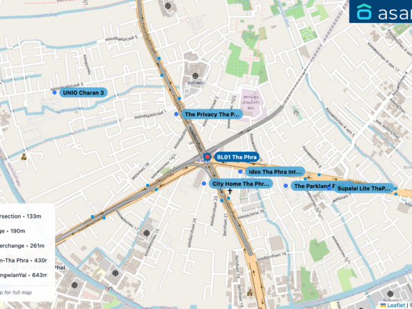 Map of condo projects near BL01 Tha Phra station. Nearest projects are City Home Tha Phra Intersection 133 m, Ideo Tha Phra Interchange 190 m, The Privacy Tha Phra Interchange 261 m, The Parkland Phet Kasem-Tha Phra 430 m, Supalai Lite ThaPhra-WongwianYai 643 m. Visit asanha.com/map for the full map