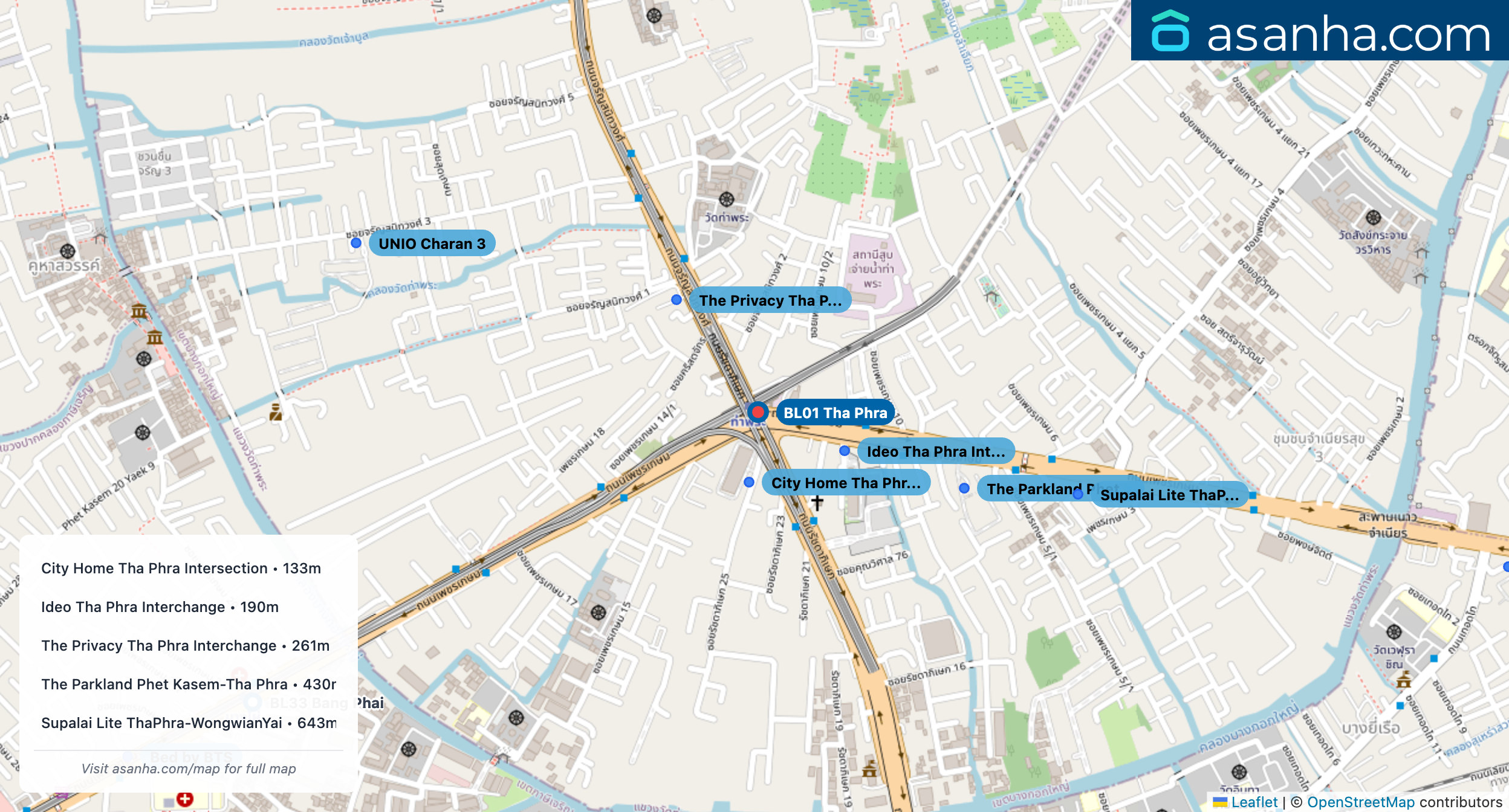 Map of condo projects near BL01 Tha Phra station. Nearest projects are City Home Tha Phra Intersection 133 m, Ideo Tha Phra Interchange 190 m, The Privacy Tha Phra Interchange 261 m, The Parkland Phet Kasem-Tha Phra 430 m, Supalai Lite ThaPhra-WongwianYai 643 m. Visit asanha.com/map for the full map