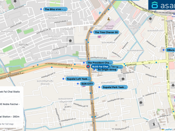 Map of condo projects near BL03 Fai Chai station. Nearest projects are The President Charan-Yaek Fai Chai Station เดอะ เพรสซิเด้นท์ จรัญ - แยกไฟฉาย สเตชั่น 61 m, So Origin Siriraj 91 m, นิว โนเบิล ไฟฉาย-วังหลัง NUE Noble Faichai - Wang Lang 123 m, SUN CITY 232 m, Supalai Park Yaek Fai Chai Station 282 m. Visit asanha.com/map for the full map