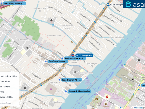 Map of condo projects near BL07 Bang Phlat station. Nearest projects are De Lapis Charan 81 by Grand Unity 150 m, โมเดิร์นคอนโดบางพลัด-จรัญ79 391 m, Ideo Charan 70 - Riverview 395 m, Bangkok River Marina 518 m, The Tree Rio Bang-Aor Station 901 m. Visit asanha.com/map for the full map