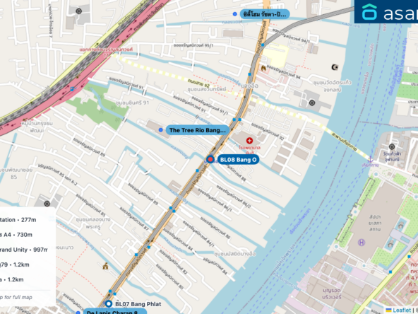 Map of condo projects near BL08 Bang O station. Nearest projects are The Tree Rio Bang-Aor Station 277 m, ซิตี้โฮม รัชดา-ปิ่นเกล้า อาคาร A4 730 m, De Lapis Charan 81 by Grand Unity 997 m, โมเดิร์นคอนโดบางพลัด-จรัญ79 1.2 km, Wanvayla Na Chaophraya 1.2 km. Visit asanha.com/map for the full map
