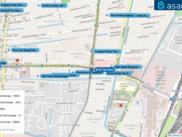 Map of condo projects near BL10 Tao Poon station. Nearest projects are Niche Pride Tao Poon Interchange 150 m, Lumpini Place Taopoon Interchange 207 m, Rich Park @ Taopoon 209 m, Ideo Mobi Bangsue Grand Interchange 236 m, The Stage Taopoon - Interchange 488 m. Visit asanha.com/map for the full map
