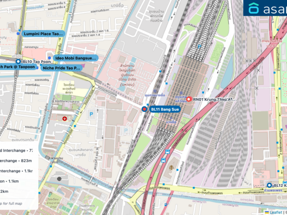 Map of condo projects near BL11 Bang Sue station. Nearest projects are Ideo Mobi Bangsue Grand Interchange 772 m, Niche Pride Tao Poon Interchange 823 m, Lumpini Place Taopoon Interchange 1.1 km, U Delight Bang Sue Station 1.1 km, Rich Park @ Taopoon 1.2 km. Visit asanha.com/map for the full map