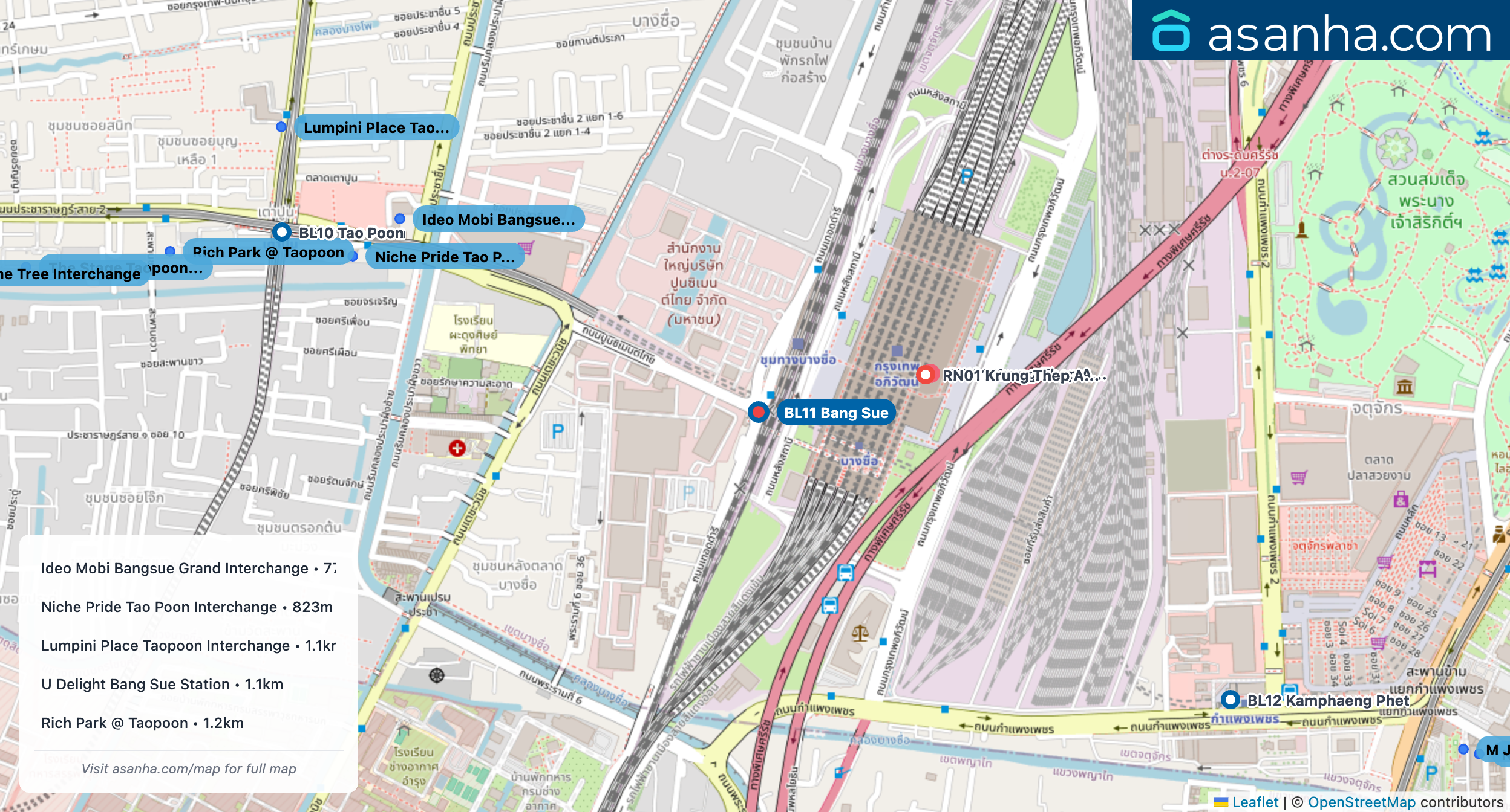 Map of condo projects near BL11 Bang Sue station. Nearest projects are Ideo Mobi Bangsue Grand Interchange 772 m, Niche Pride Tao Poon Interchange 823 m, Lumpini Place Taopoon Interchange 1.1 km, U Delight Bang Sue Station 1.1 km, Rich Park @ Taopoon 1.2 km. Visit asanha.com/map for the full map