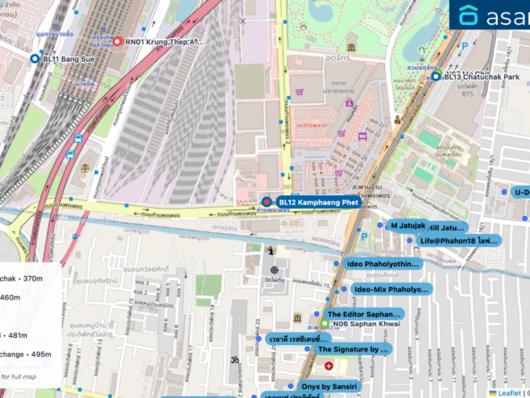 Map of condo projects near BL12 Kamphaeng Phet station. Nearest projects are Ideo Phaholyothin Chatuchak 370 m, Ideo-Mix Phaholyothin 460 m, M Jatujak 463 m, The Editor Saphan Khwai 481 m, Notting Hill Jatujak Interchange 495 m. Visit asanha.com/map for the full map