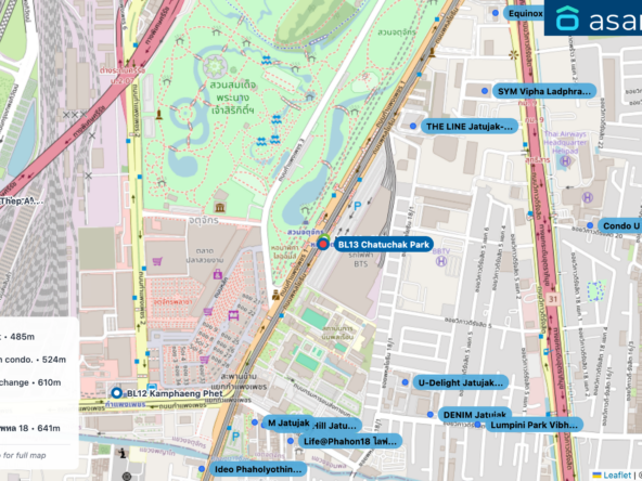 Map of condo projects near BL13 Chatuchak Park station. Nearest projects are THE LINE Jatujak-Mochit 485 m, U-Delight Jatujak Station condo. 524 m, Notting Hill Jatujak Interchange 610 m, M Jatujak 612 m, Life@Phahon18 ไลฟ์ แอท พหล 18 641 m. Visit asanha.com/map for the full map