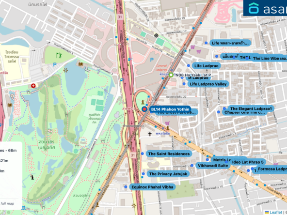 Map of condo projects near BL14 Phahon Yothin station. Nearest projects are The Crest Park Residences 66 m, The Saint Residences 321 m, Life Ladprao Valley 350 m, M Ladprao 365 m, Life Ladprao 457 m. Visit asanha.com/map for the full map