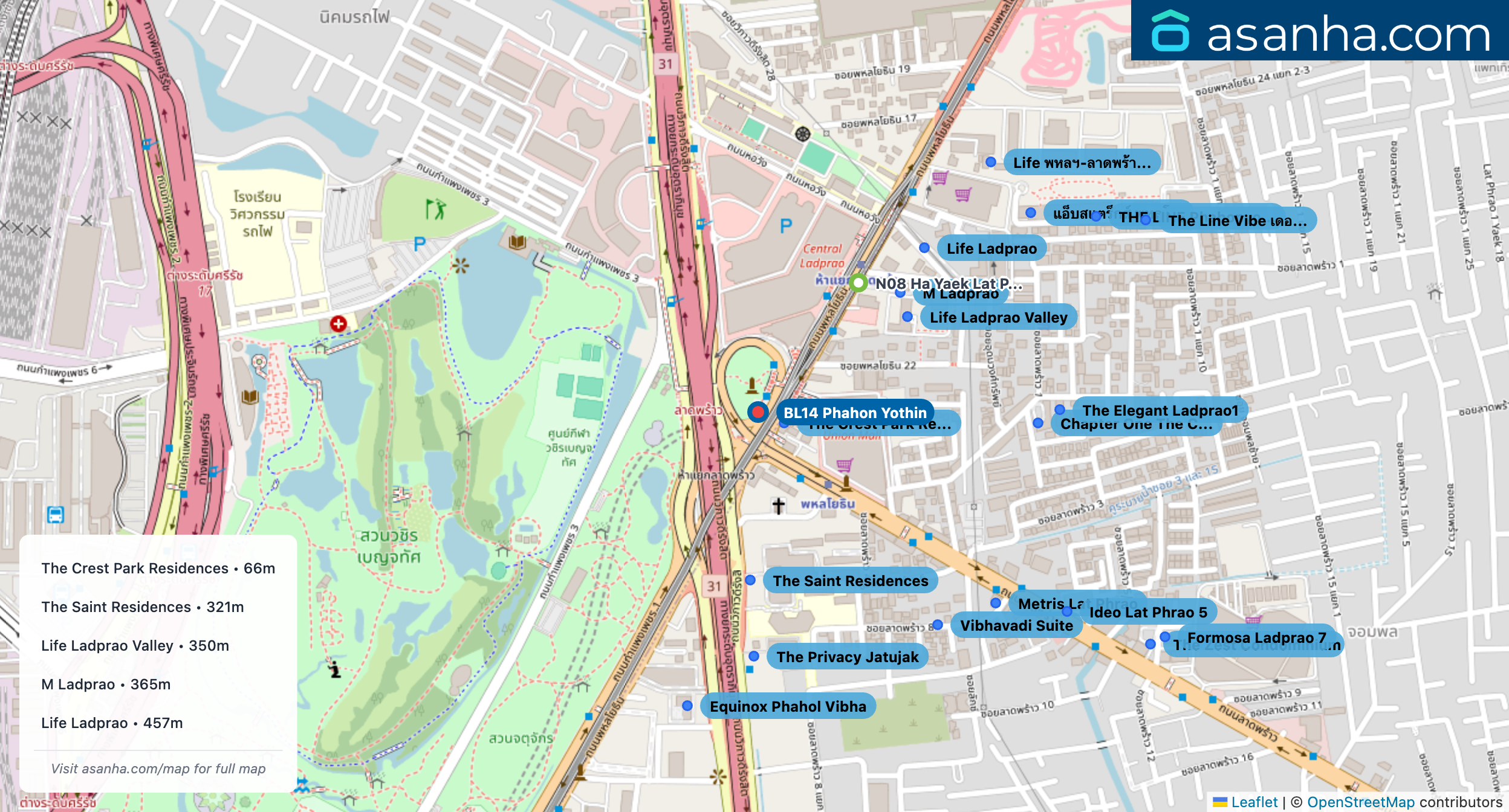Map of condo projects near BL14 Phahon Yothin station. Nearest projects are The Crest Park Residences 66 m, The Saint Residences 321 m, Life Ladprao Valley 350 m, M Ladprao 365 m, Life Ladprao 457 m. Visit asanha.com/map for the full map
