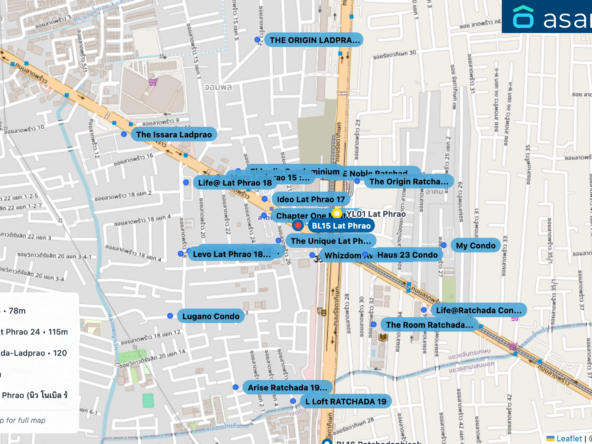 Map of condo projects near BL15 Lat Phrao station. Nearest projects are The Unique Lat Phrao 26 78 m, Chapter One Midtown Lat Phrao 24 115 m, Whizdom Avenue Ratchada-Ladprao 120 m, Ideo Lat Phrao 17 140 m, NUE Noble Ratchada Lat Phrao (นิว โนเบิล รัชดา ลาดพร้าว) 199 m. Visit asanha.com/map for the full map