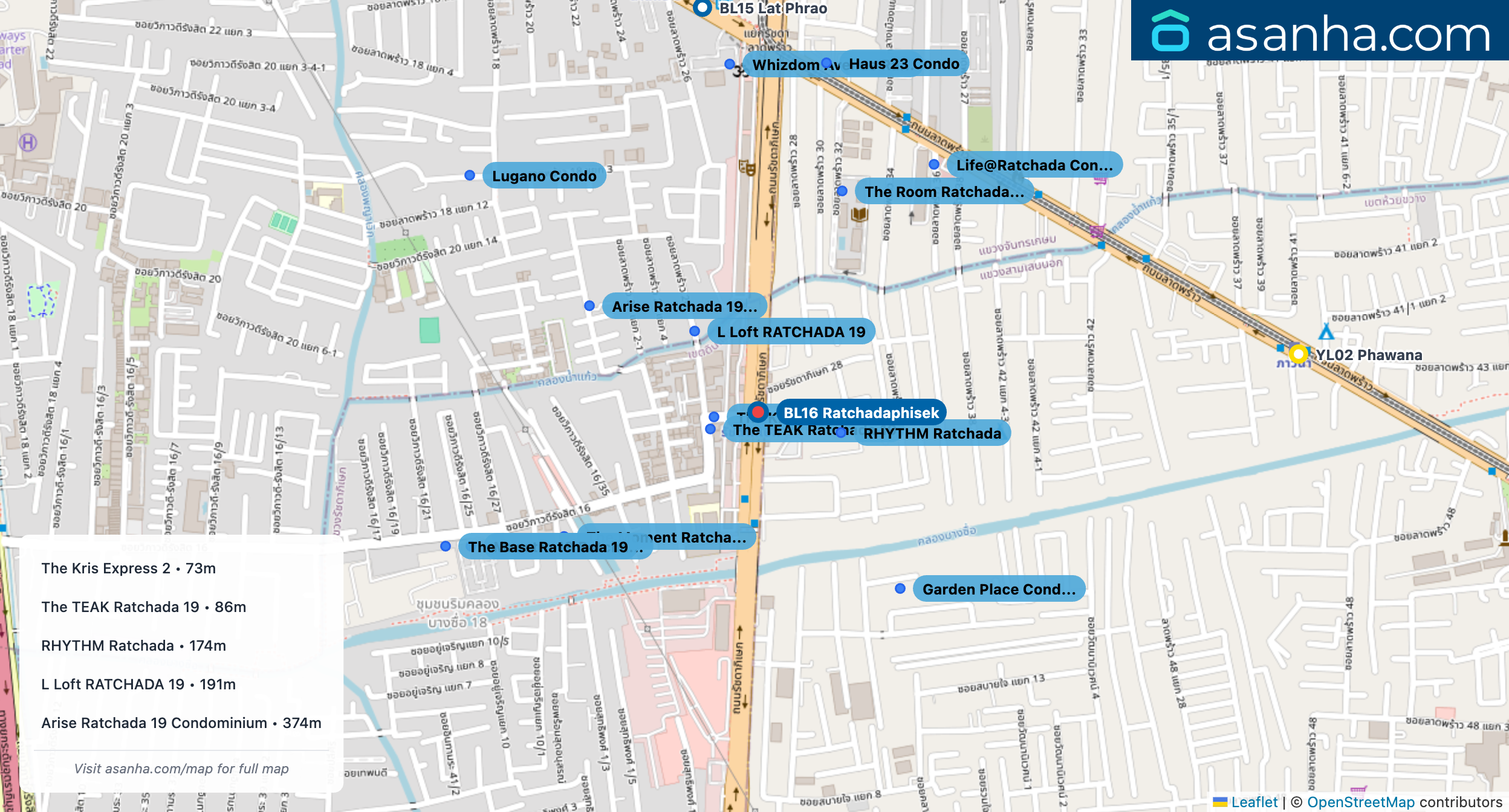 Map of condo projects near BL16 Ratchadaphisek station. Nearest projects are The Kris Express 2 73 m, The TEAK Ratchada 19 86 m, RHYTHM Ratchada 174 m, L Loft RATCHADA 19 191 m, Arise Ratchada 19 Condominium 374 m. Visit asanha.com/map for the full map