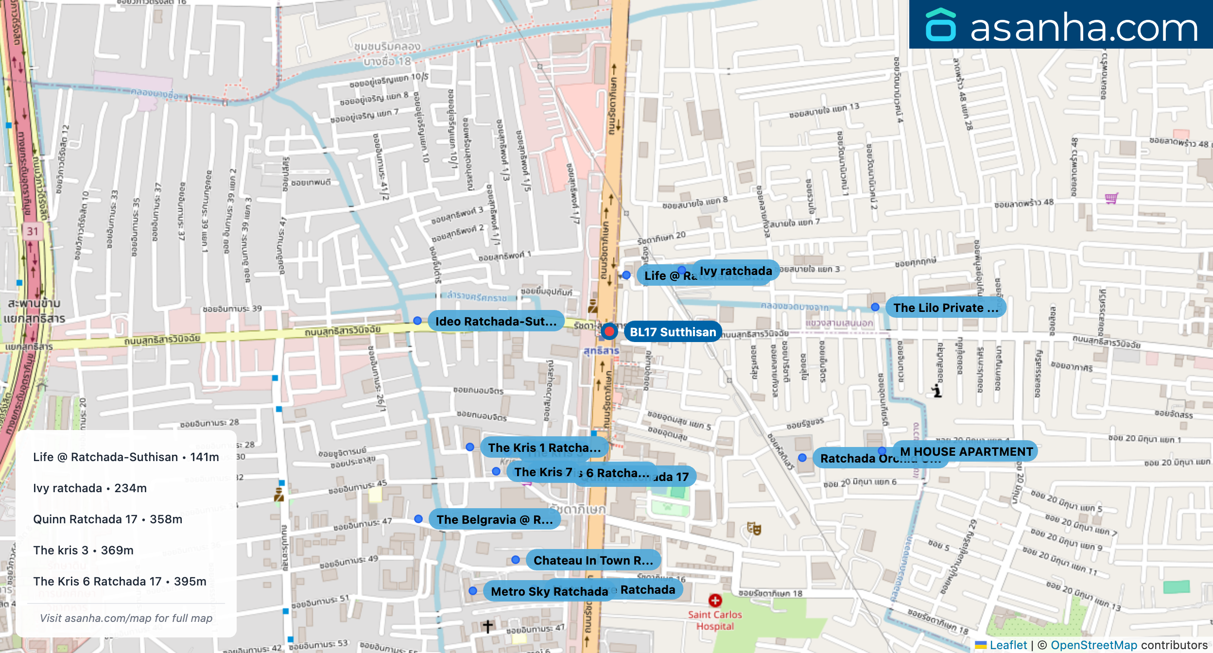 Map of condo projects near BL17 Sutthisan station. Nearest projects are Life @ Ratchada-Suthisan 141 m, Ivy ratchada 234 m, Quinn Ratchada 17 358 m, The kris 3 369 m, The Kris 6 Ratchada 17 395 m. Visit asanha.com/map for the full map