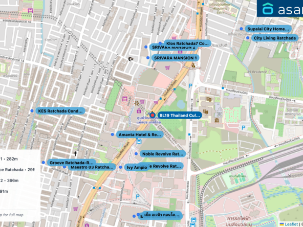 Map of condo projects near BL19 Thailand Cultural Centre station. Nearest projects are Noble Revolve Ratchada 1 282 m, Amanta Hotel & Residence Ratchada 295 m, Noble Revolve Ratchada 2 366 m, SRIVARA MANSION 1 391 m, Ivy Ampio 412 m. Visit asanha.com/map for the full map