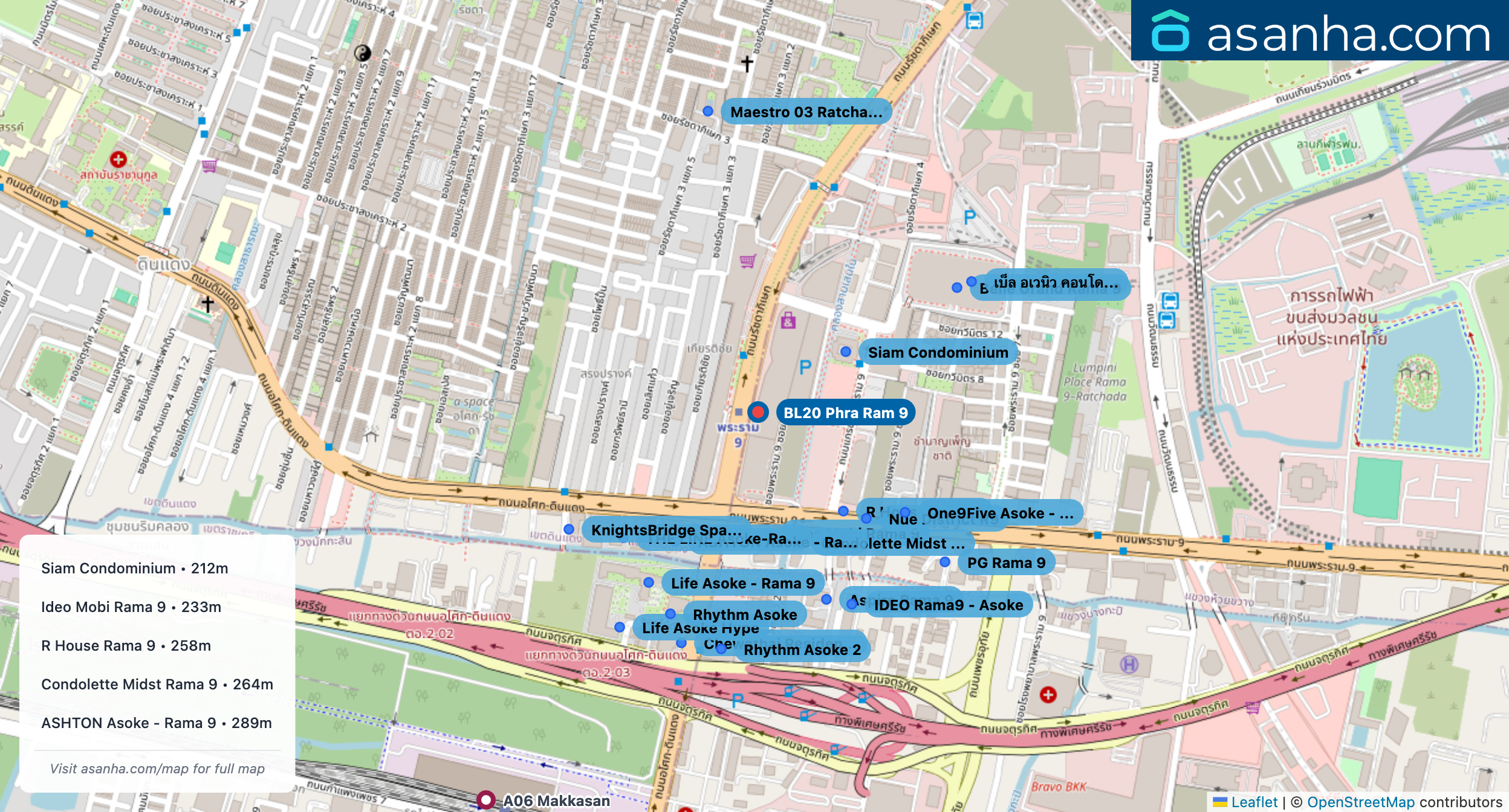 Map of condo projects near BL20 Phra Ram 9 station. Nearest projects are Siam Condominium 212 m, Ideo Mobi Rama 9 233 m, R House Rama 9 258 m, Condolette Midst Rama 9 264 m, ASHTON Asoke - Rama 9 289 m. Visit asanha.com/map for the full map