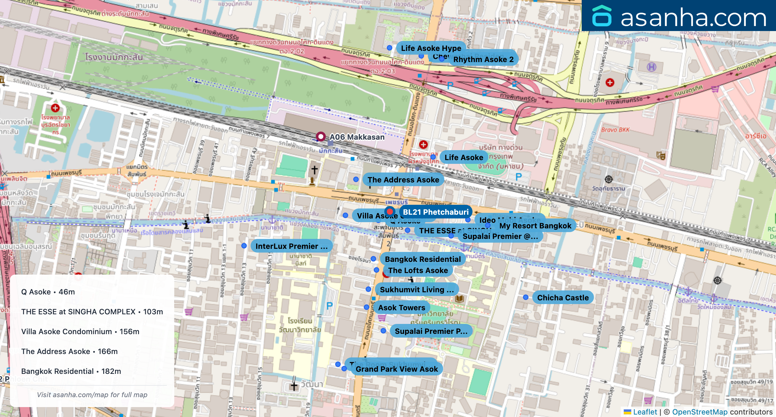 Map of condo projects near BL21 Phetchaburi station. Nearest projects are Q Asoke 46 m, THE ESSE at SINGHA COMPLEX 103 m, Villa Asoke Condominium 156 m, The Address Asoke 166 m, Bangkok Residential 182 m. Visit asanha.com/map for the full map