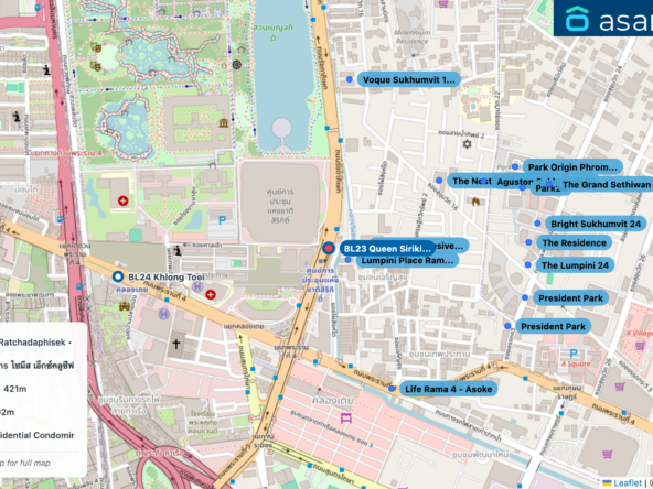 Map of condo projects near BL23 Queen Sirikit National Convention Centre station. Nearest projects are Lumpini Place Rama 4 - Ratchadaphisek 79 m, Siamese Exclusive Queens ไซมีส เอ็กซ์คลูซีฟ ควีนส์ 110 m, The Nest Sukhumvit 22 421 m, Life Rama 4 - Asoke 492 m, Voque Sukhumvit 16 Residential Condominium 539 m. Visit asanha.com/map for the full map