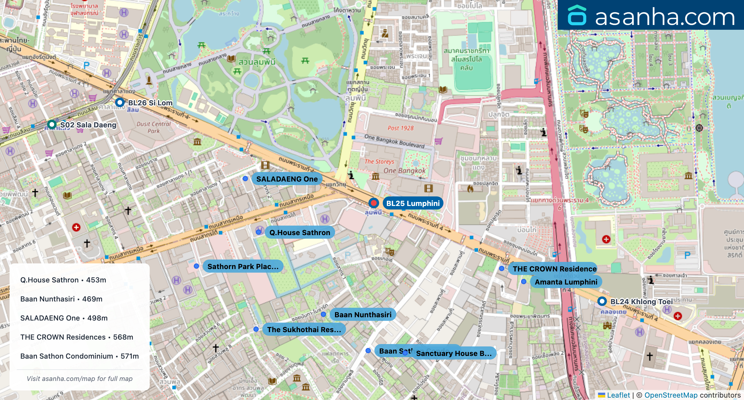 Map of condo projects near BL25 Lumphini station. Nearest projects are Q.House Sathron 453 m, Baan Nunthasiri 469 m, SALADAENG One 498 m, THE CROWN Residences 568 m, Baan Sathon Condominium 571 m. Visit asanha.com/map for the full map
