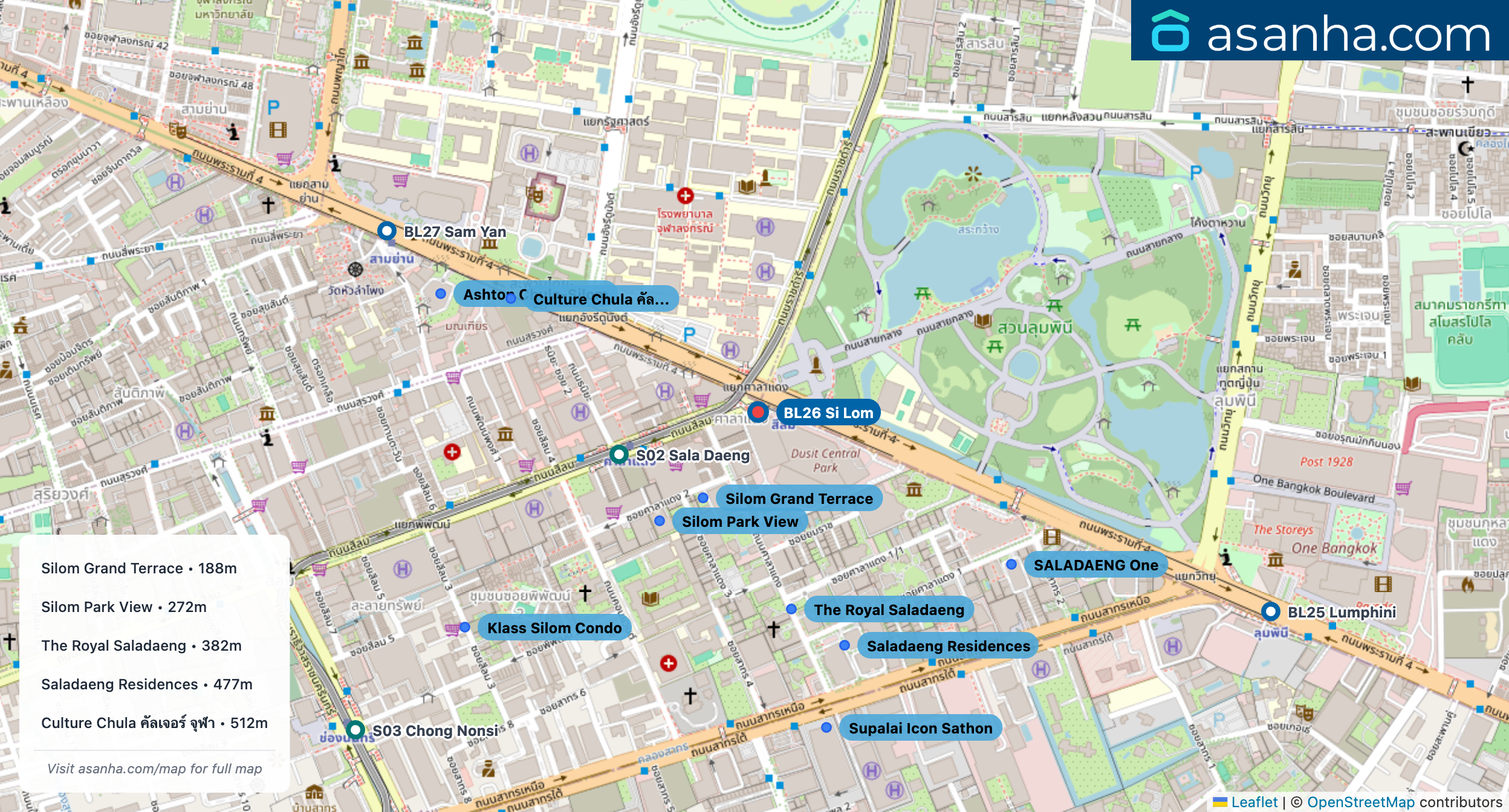 Map of condo projects near BL26 Si Lom station. Nearest projects are Silom Grand Terrace 188 m, Silom Park View 272 m, The Royal Saladaeng 382 m, Saladaeng Residences 477 m, Culture Chula คัลเจอร์ จุฬา 512 m. Visit asanha.com/map for the full map