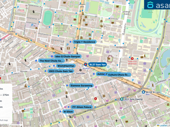 Map of condo projects near BL27 Sam Yan station. Nearest projects are Ashton Chula-Silom 161 m, Culture Chula คัลเจอร์ จุฬา 275 m, Triple Y Residence 327 m, Siamese Surawong 336 m, Wish@SamYan 376 m. Visit asanha.com/map for the full map