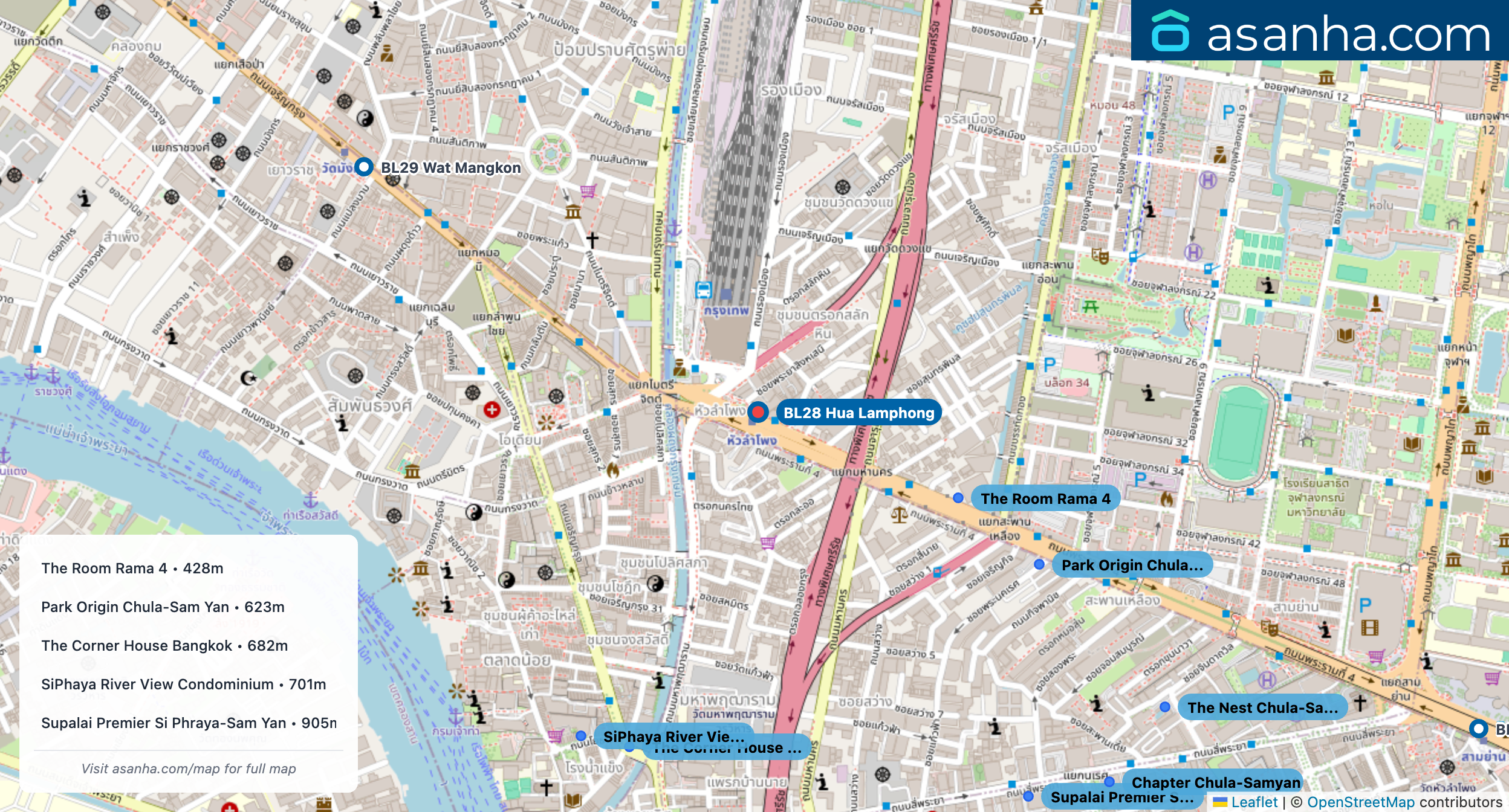 Map of condo projects near BL28 Hua Lamphong station. Nearest projects are The Room Rama 4 428 m, Park Origin Chula-Sam Yan 623 m, The Corner House Bangkok 682 m, SiPhaya River View Condominium 701 m, Supalai Premier Si Phraya-Sam Yan 905 m. Visit asanha.com/map for the full map