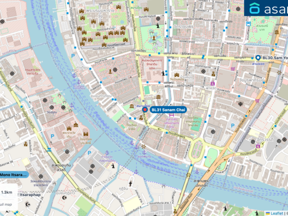 Map of condo projects near BL31 Sanam Chai station. Nearest projects are Niche Mono Itsaraphap 1.3 km. Visit asanha.com/map for the full map