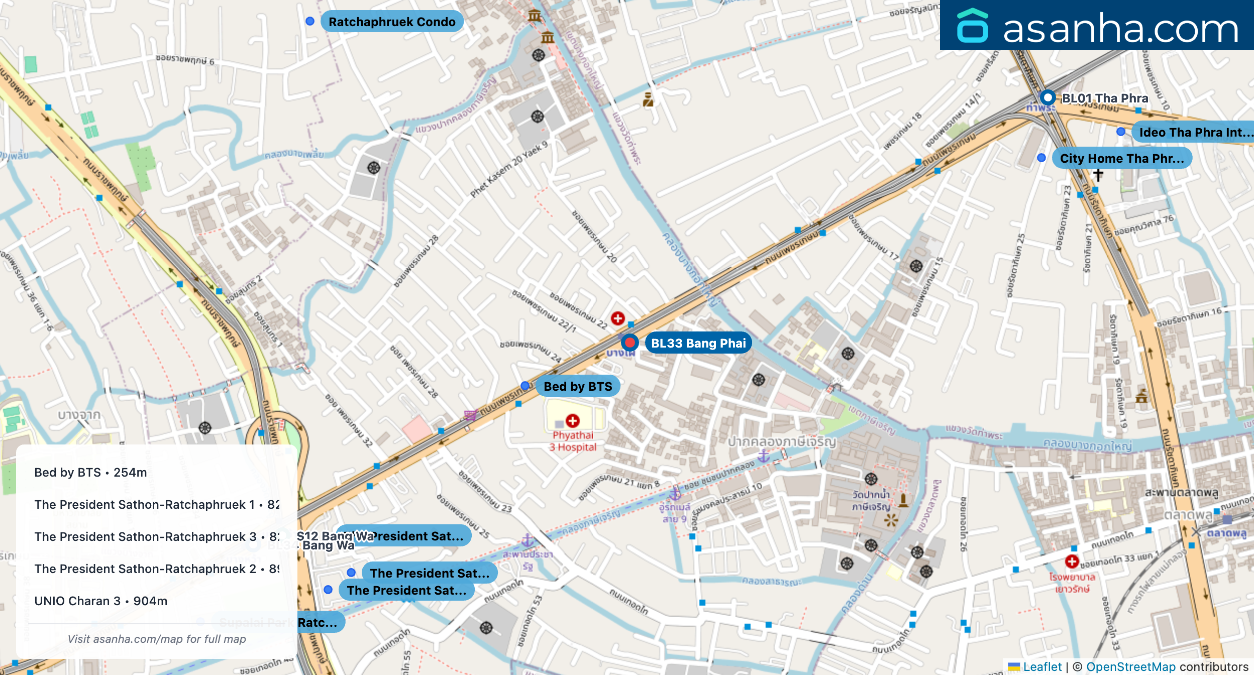 Map of condo projects near BL33 Bang Phai station. Nearest projects are Bed by BTS 254 m, The President Sathon-Ratchaphruek 1 824 m, The President Sathon-Ratchaphruek 3 827 m, The President Sathon-Ratchaphruek 2 891 m, UNIO Charan 3 904 m. Visit asanha.com/map for the full map