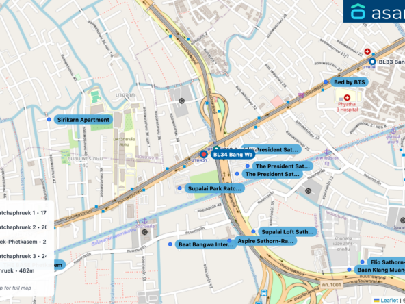 Map of condo projects near BL34 Bang Wa station. Nearest projects are The President Sathon-Ratchaphruek 1 176 m, The President Sathon-Ratchaphruek 2 207 m, Supalai Park Ratchaphruek-Phetkasem 208 m, The President Sathon-Ratchaphruek 3 242 m, Aspire Sathorn-Ratchaphruek 462 m. Visit asanha.com/map for the full map