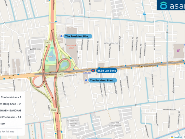Map of condo projects near BL38 Lak Song station. Nearest projects are The Parkland Phetkasem Condominium 128 m, The President Phet Kasem-Bang Khae 515 m, The Connect Up 3 WONGWAEN-BANGKAE 793 m, Grand Bangkok Boulevard Phetkasem 1.1 km, THE MUVE Bangkhae 1.1 km. Visit asanha.com/map for the full map