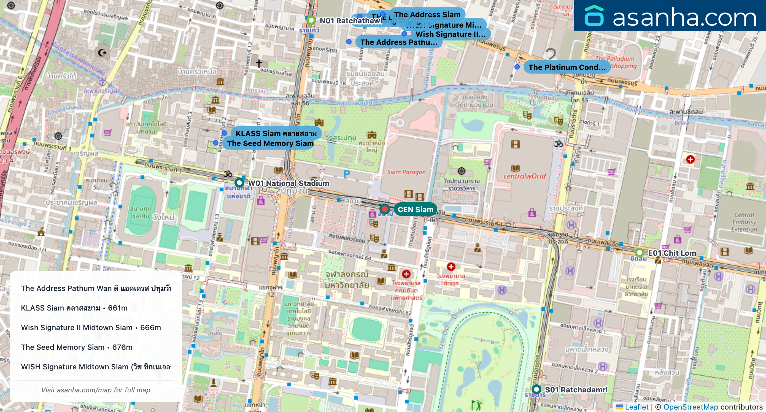 Map of condo projects near CEN Siam station. Nearest projects are The Address Pathum Wan ดิ แอดเดรส ปทุมวัน 643 m, KLASS Siam คลาสสยาม 661 m, Wish Signature II Midtown Siam 666 m, The Seed Memory Siam 676 m, WISH Signature Midtown Siam (วิช ซิกเนเจอร์ มิดทาวน์ สยาม) 697 m. Visit asanha.com/map for the full map
