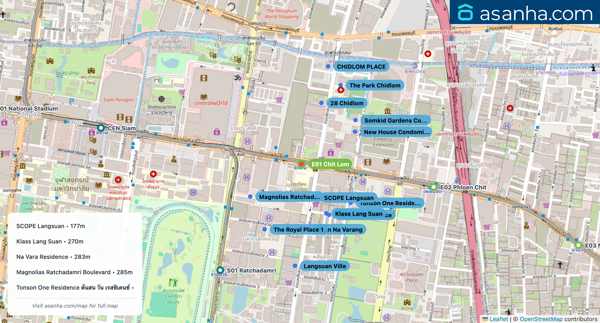 Map of condo projects near E01 Chit Lom station. Nearest projects are SCOPE Langsuan 177 m, Klass Lang Suan 270 m, Na Vara Residence 283 m, Magnolias Ratchadamri Boulevard 285 m, Tonson One Residence ต้นสน วัน เรสซิเดนซ์ 310 m. Visit asanha.com/map for the full map
