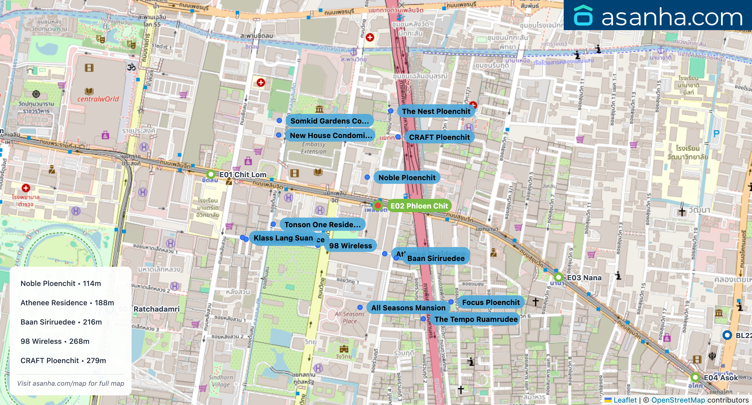 Map of condo projects near E02 Phloen Chit station. Nearest projects are Noble Ploenchit 114 m, Athenee Residence 188 m, Baan Siriruedee 216 m, 98 Wireless 268 m, CRAFT Ploenchit 279 m. Visit asanha.com/map for the full map