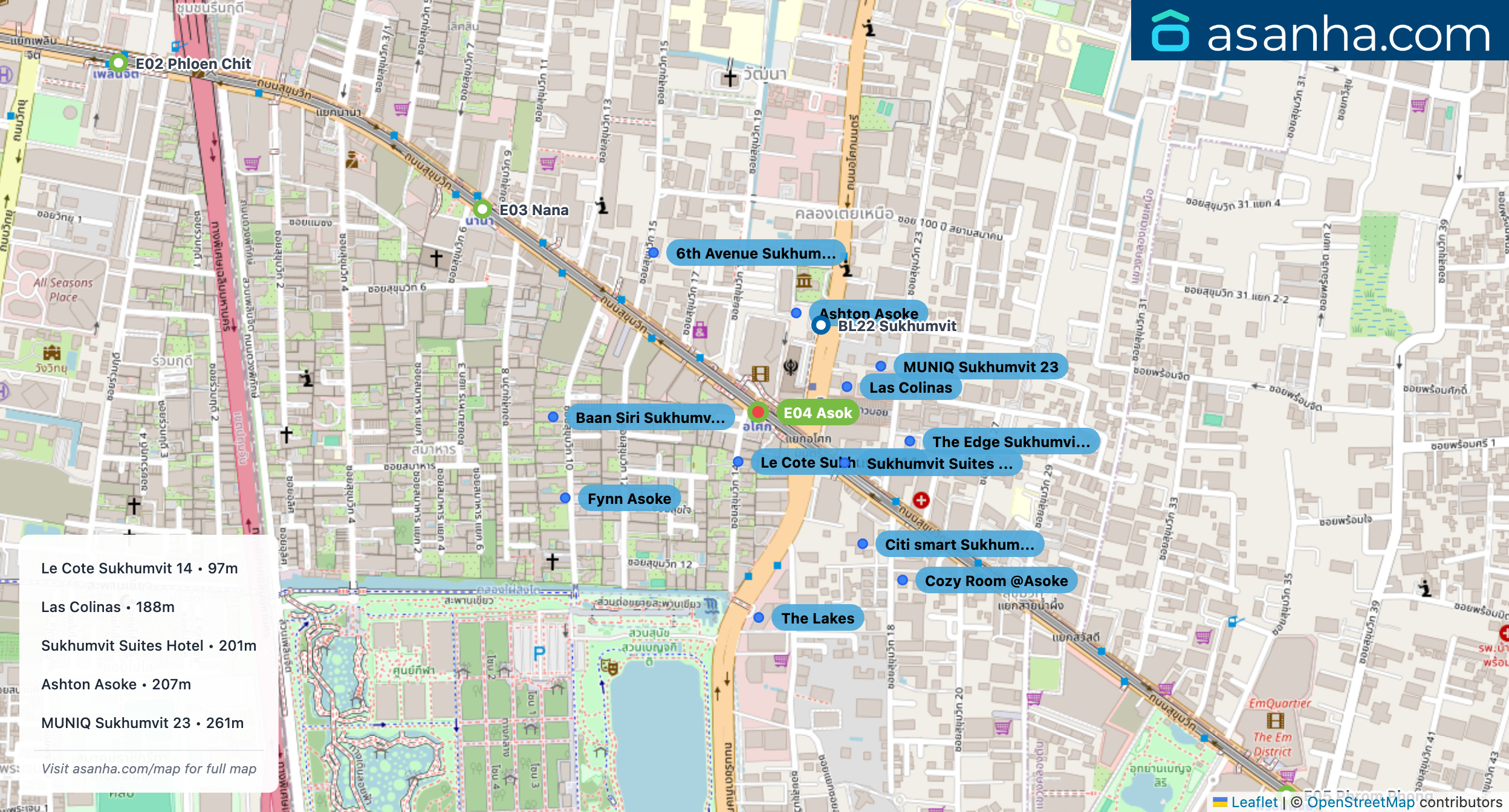 Map of condo projects near E04 Asok station. Nearest projects are Le Cote Sukhumvit 14 97 m, Las Colinas 188 m, Sukhumvit Suites Hotel 201 m, Ashton Asoke 207 m, MUNIQ Sukhumvit 23 261 m. Visit asanha.com/map for the full map