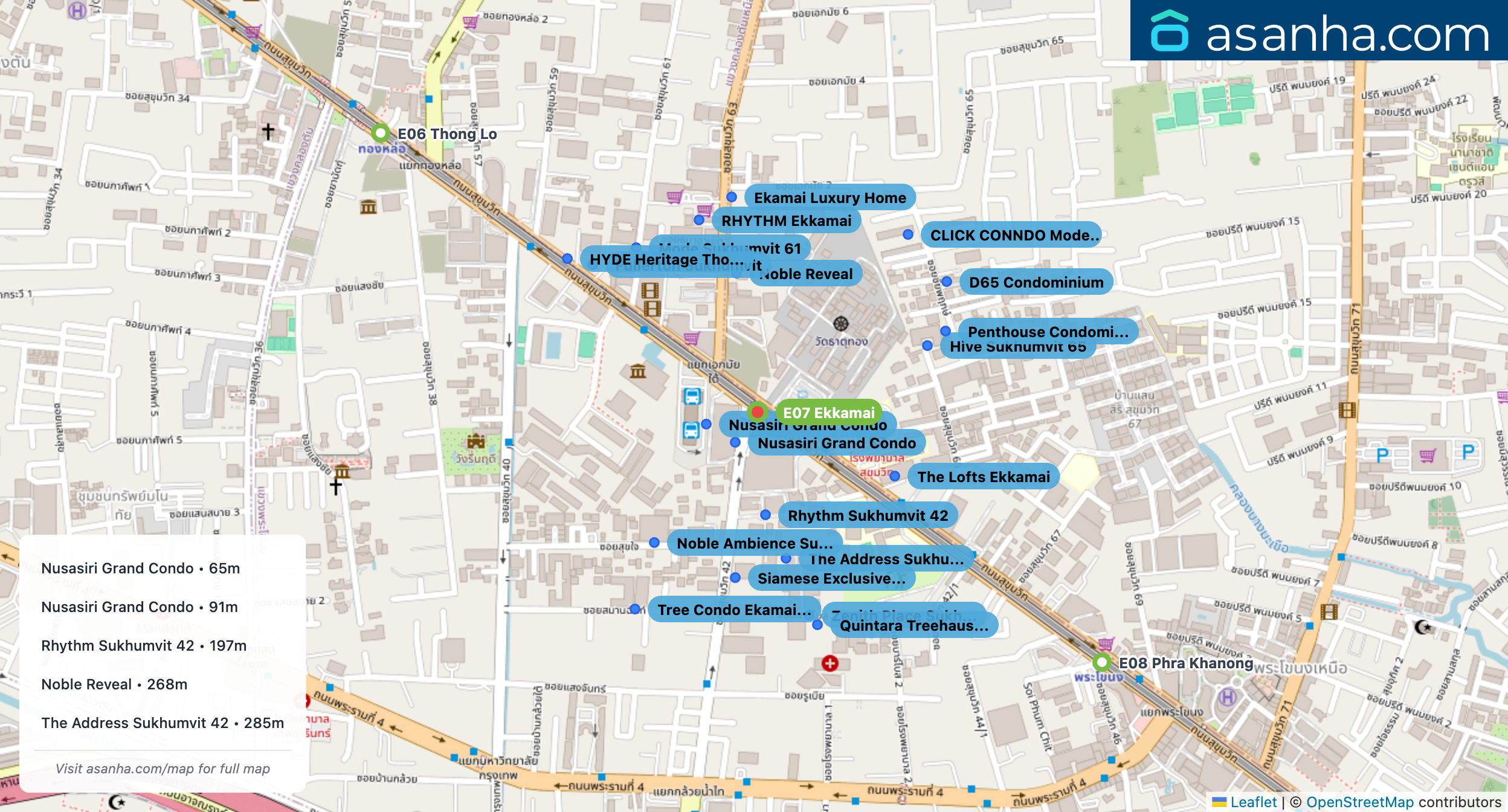 Map of condo projects near E07 Ekkamai station. Nearest projects are Nusasiri Grand Condo 65 m, Nusasiri Grand Condo 91 m, Rhythm Sukhumvit 42 197 m, Noble Reveal 268 m, The Address Sukhumvit 42 285 m. Visit asanha.com/map for the full map