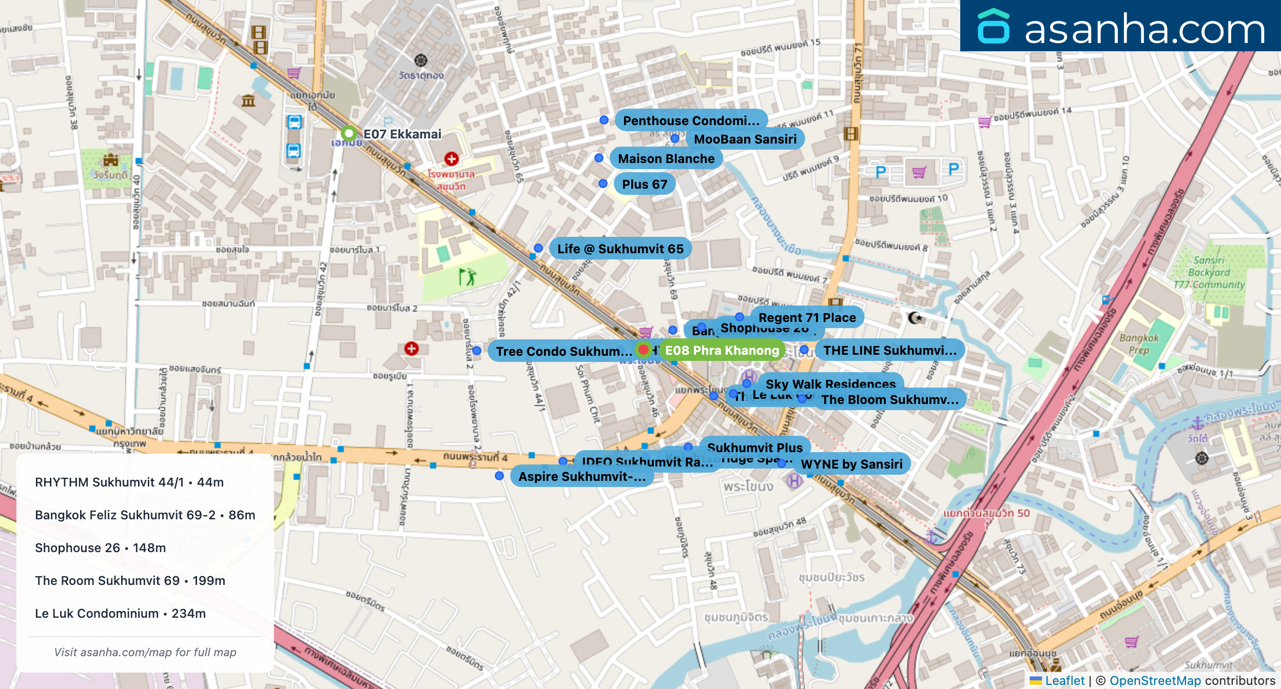 Map of condo projects near E08 Phra Khanong station. Nearest projects are RHYTHM Sukhumvit 44/1 44 m, Bangkok Feliz Sukhumvit 69-2 86 m, Shophouse 26 148 m, The Room Sukhumvit 69 199 m, Le Luk Condominium 234 m. Visit asanha.com/map for the full map