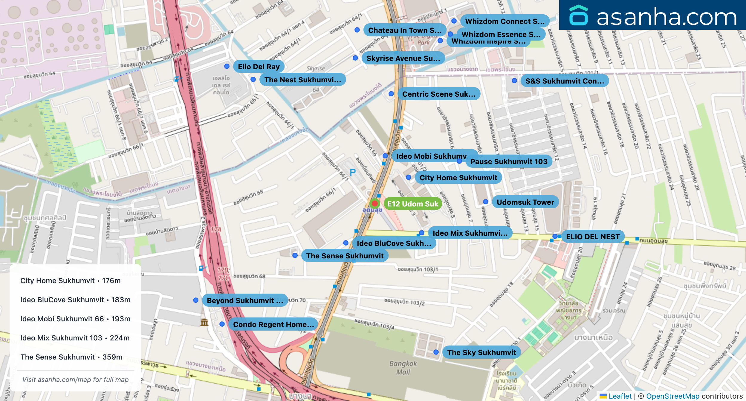 Map of condo projects near E12 Udom Suk station. Nearest projects are City Home Sukhumvit 176 m, Ideo BluCove Sukhumvit 183 m, Ideo Mobi Sukhumvit 66 193 m, Ideo Mix Sukhumvit 103 224 m, The Sense Sukhumvit 359 m. Visit asanha.com/map for the full map