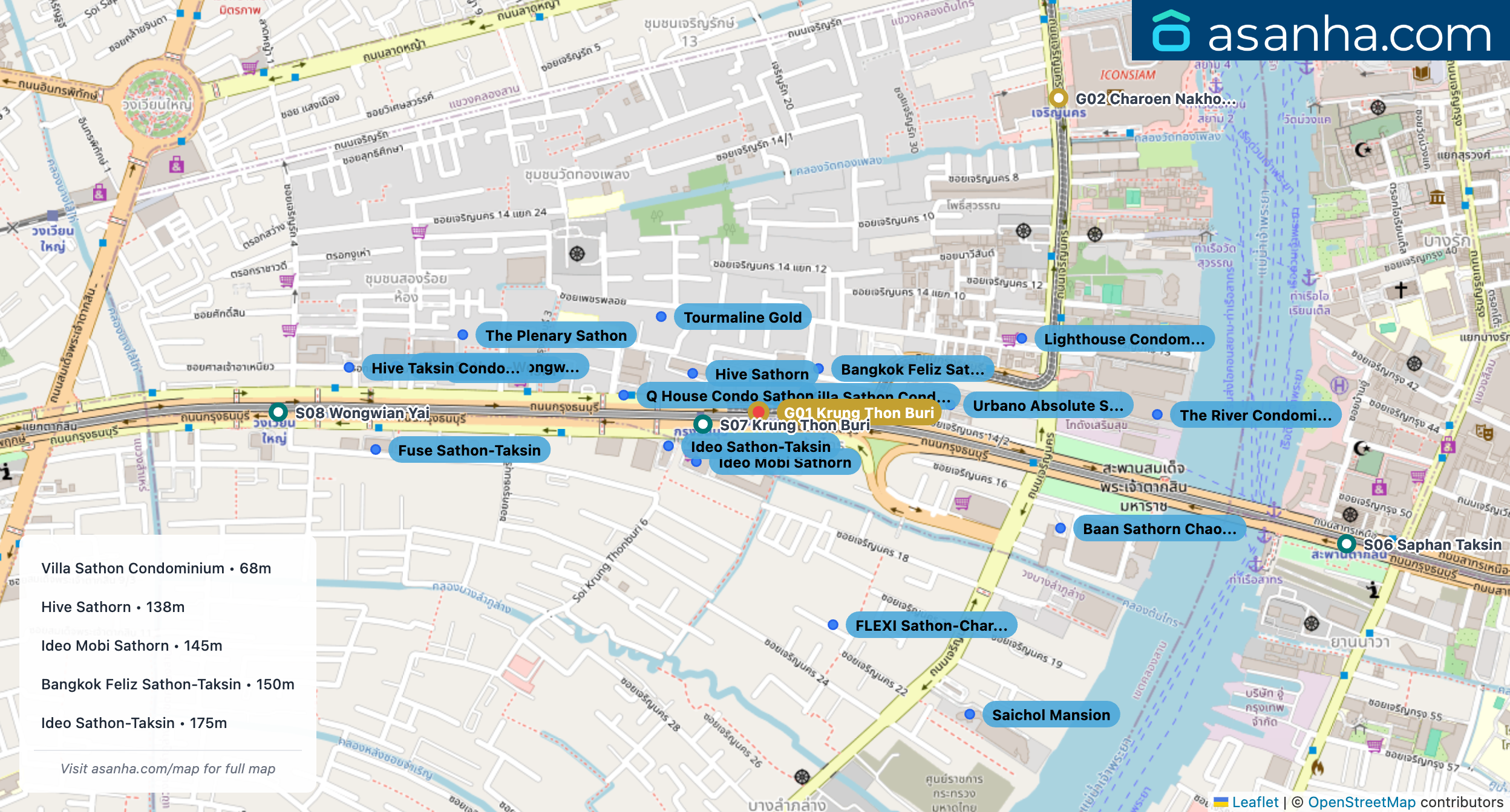 Map of condo projects near G01 Krung Thon Buri station. Nearest projects are Villa Sathon Condominium 68 m, Hive Sathorn 138 m, Ideo Mobi Sathorn 145 m, Bangkok Feliz Sathon-Taksin 150 m, Ideo Sathon-Taksin 175 m. Visit asanha.com/map for the full map