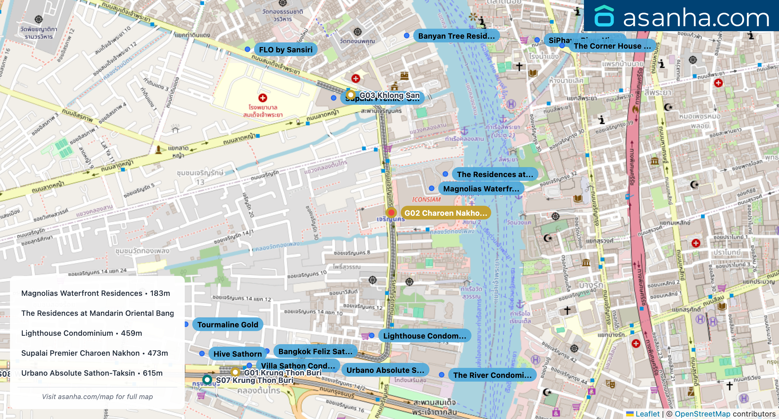 Map of condo projects near G02 Charoen Nakhon (ICONSIAM) station. Nearest projects are Magnolias Waterfront Residences 183 m, The Residences at Mandarin Oriental Bangkok 254 m, Lighthouse Condominium 459 m, Supalai Premier Charoen Nakhon 473 m, Urbano Absolute Sathon-Taksin 615 m. Visit asanha.com/map for the full map