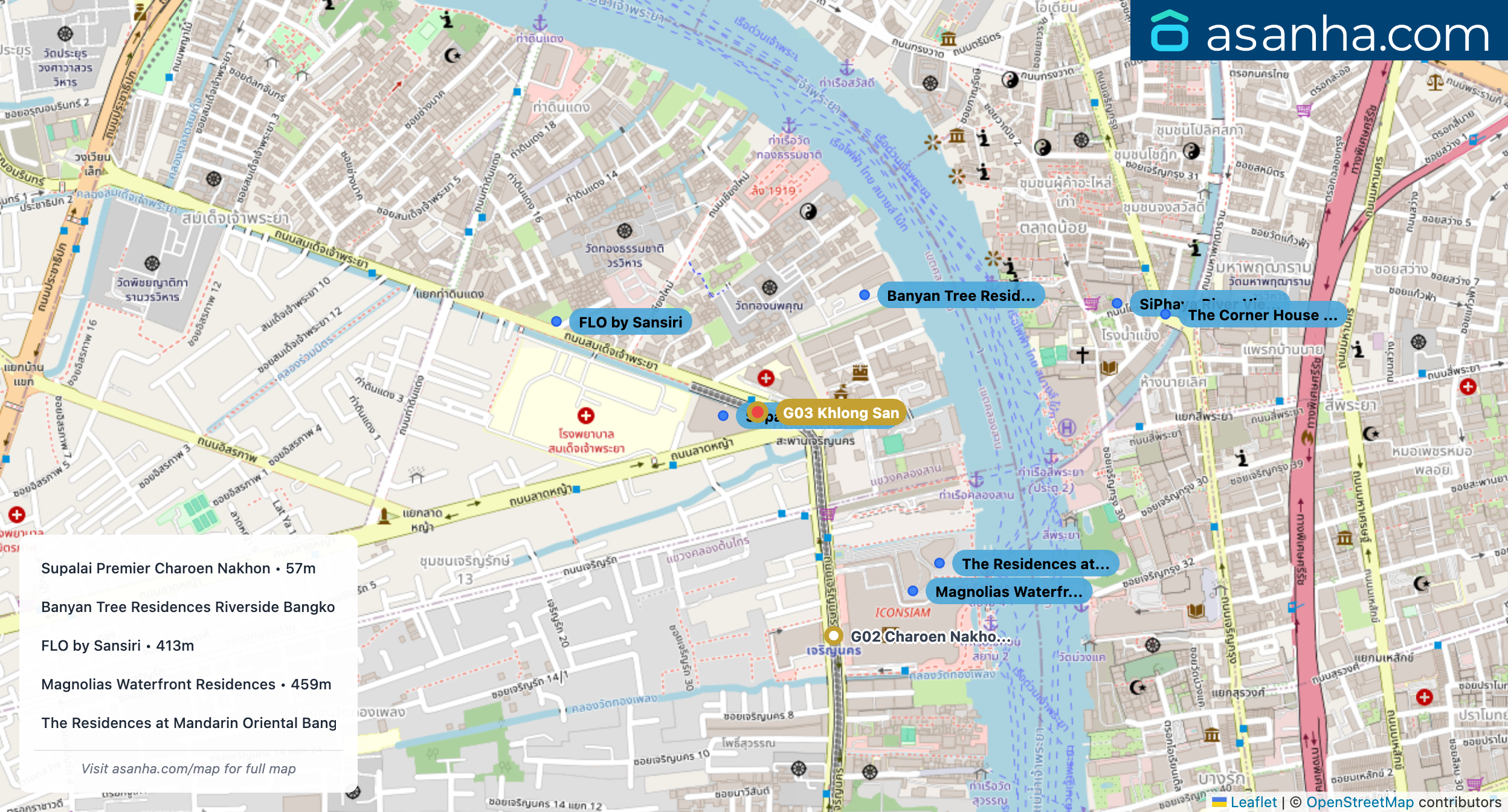 Map of condo projects near G03 Khlong San station. Nearest projects are Supalai Premier Charoen Nakhon 57 m, Banyan Tree Residences Riverside Bangkok บันยัน ทรี เรสซิเดนซ์ ริเวอร์ไซด์ กรุงเทพ 310 m, FLO by Sansiri 413 m, Magnolias Waterfront Residences 459 m, The Residences at Mandarin Oriental Bangkok 460 m. Visit asanha.com/map for the full map