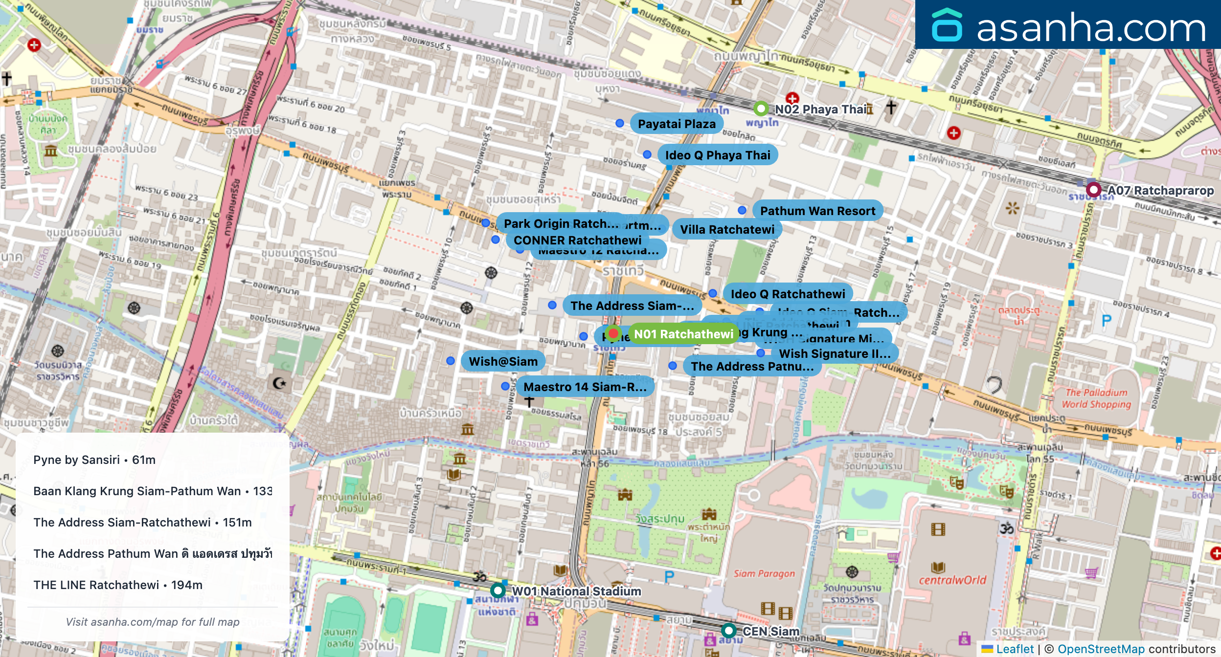 Map of condo projects near N01 Ratchathewi station. Nearest projects are Pyne by Sansiri 61 m, Baan Klang Krung Siam-Pathum Wan 133 m, The Address Siam-Ratchathewi 151 m, The Address Pathum Wan ดิ แอดเดรส ปทุมวัน 169 m, THE LINE Ratchathewi 194 m. Visit asanha.com/map for the full map