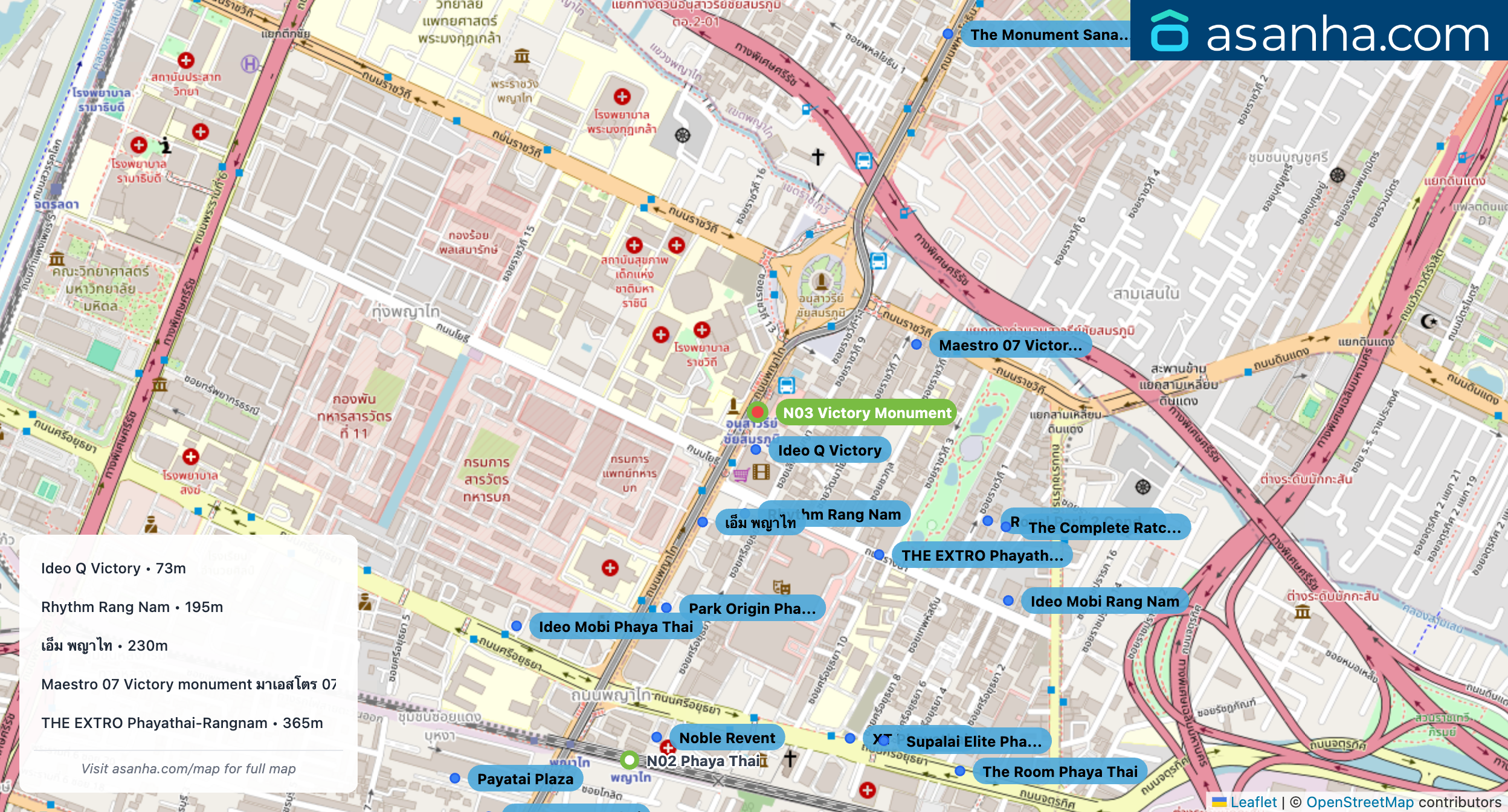 Map of condo projects near N03 Victory Monument station. Nearest projects are Ideo Q Victory 73 m, Rhythm Rang Nam 195 m, เอ็ม พญาไท 230 m, Maestro 07 Victory monument มาเอสโตร 07 อนุสาวรีย์ชัยฯ 341 m, THE EXTRO Phayathai-Rangnam 365 m. Visit asanha.com/map for the full map