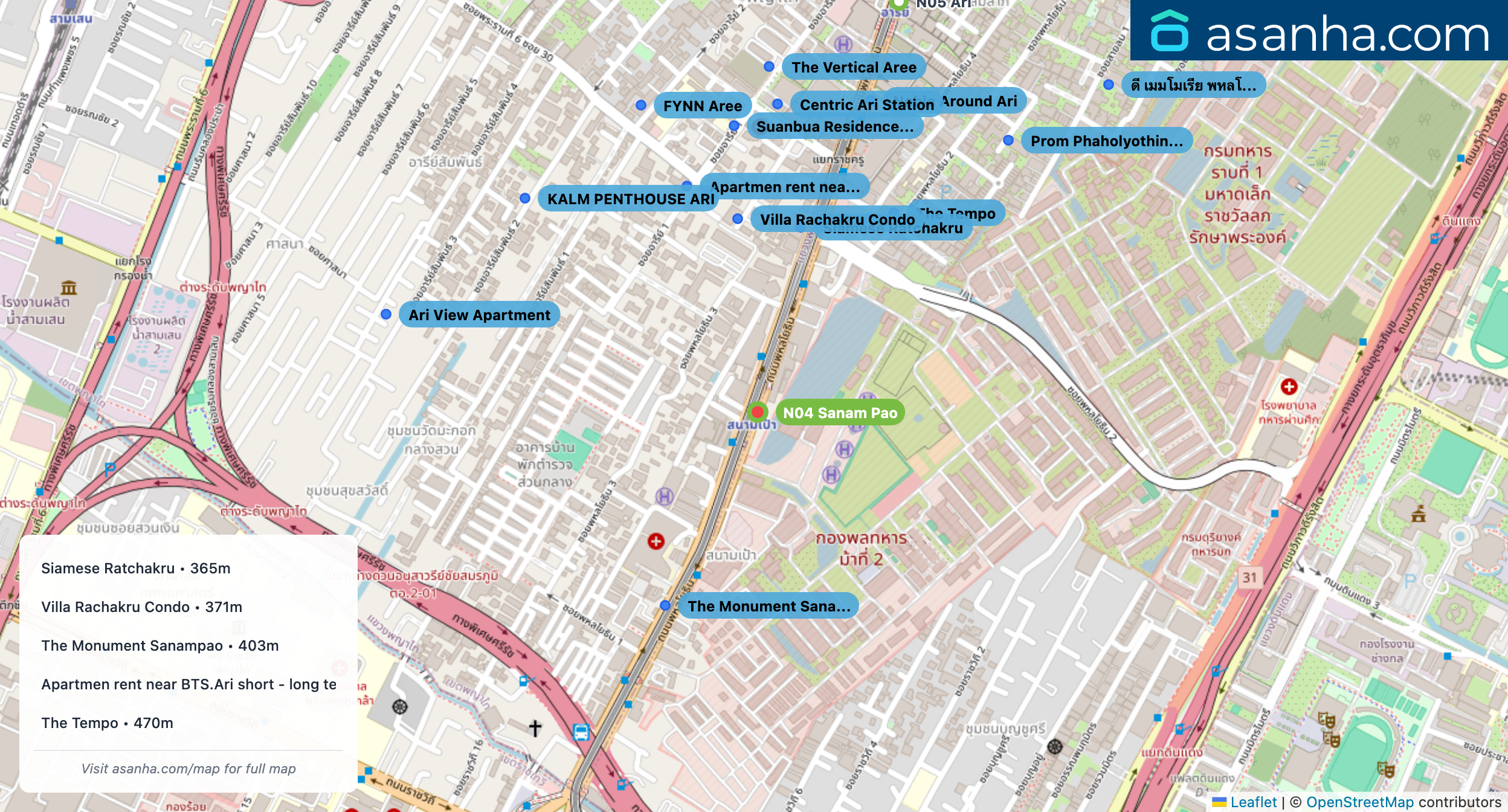 Map of condo projects near N04 Sanam Pao station. Nearest projects are Siamese Ratchakru 365 m, Villa Rachakru Condo 371 m, The Monument Sanampao 403 m, Apartmen rent near BTS.Ari short - long term. 448 m, The Tempo 470 m. Visit asanha.com/map for the full map