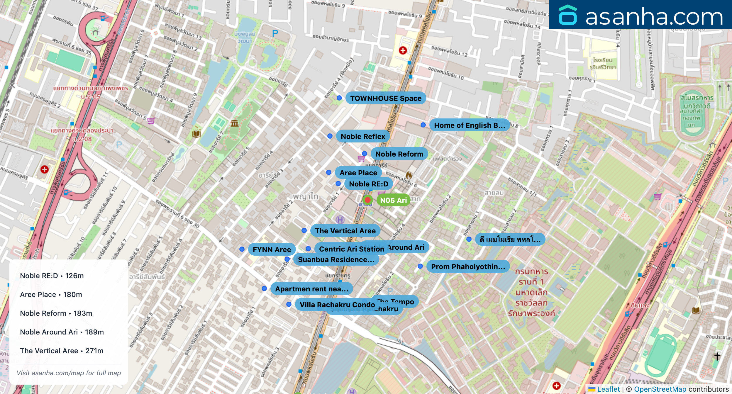 Map of condo projects near N05 Ari station. Nearest projects are Noble RE:D 126 m, Aree Place 180 m, Noble Reform 183 m, Noble Around Ari 189 m, The Vertical Aree 271 m. Visit asanha.com/map for the full map