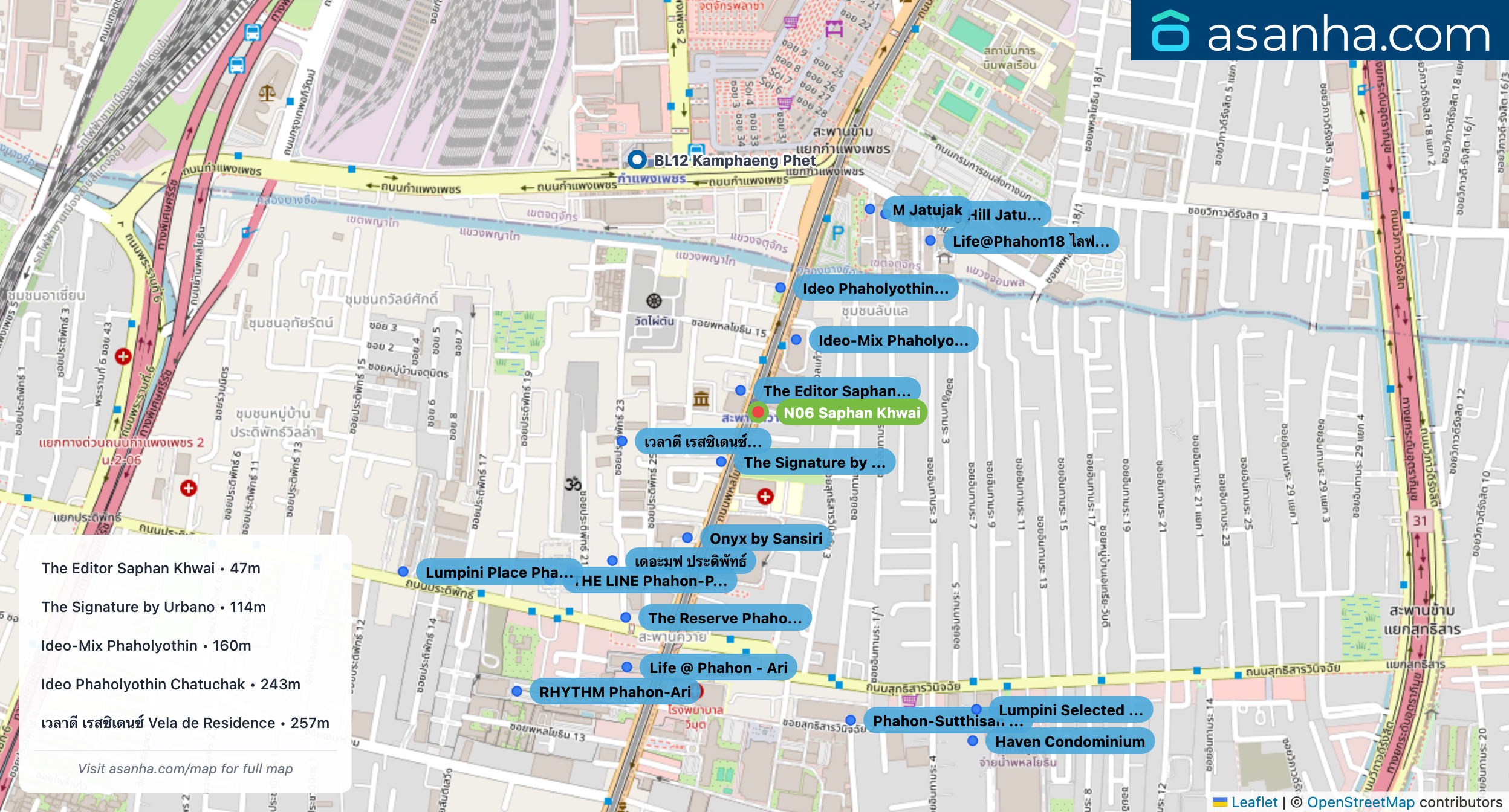 Map of condo projects near N06 Saphan Khwai station. Nearest projects are The Editor Saphan Khwai 47 m, The Signature by Urbano 114 m, Ideo-Mix Phaholyothin 160 m, Ideo Phaholyothin Chatuchak 243 m, เวลาดี เรสซิเดนซ์ Vela de Residence 257 m. Visit asanha.com/map for the full map