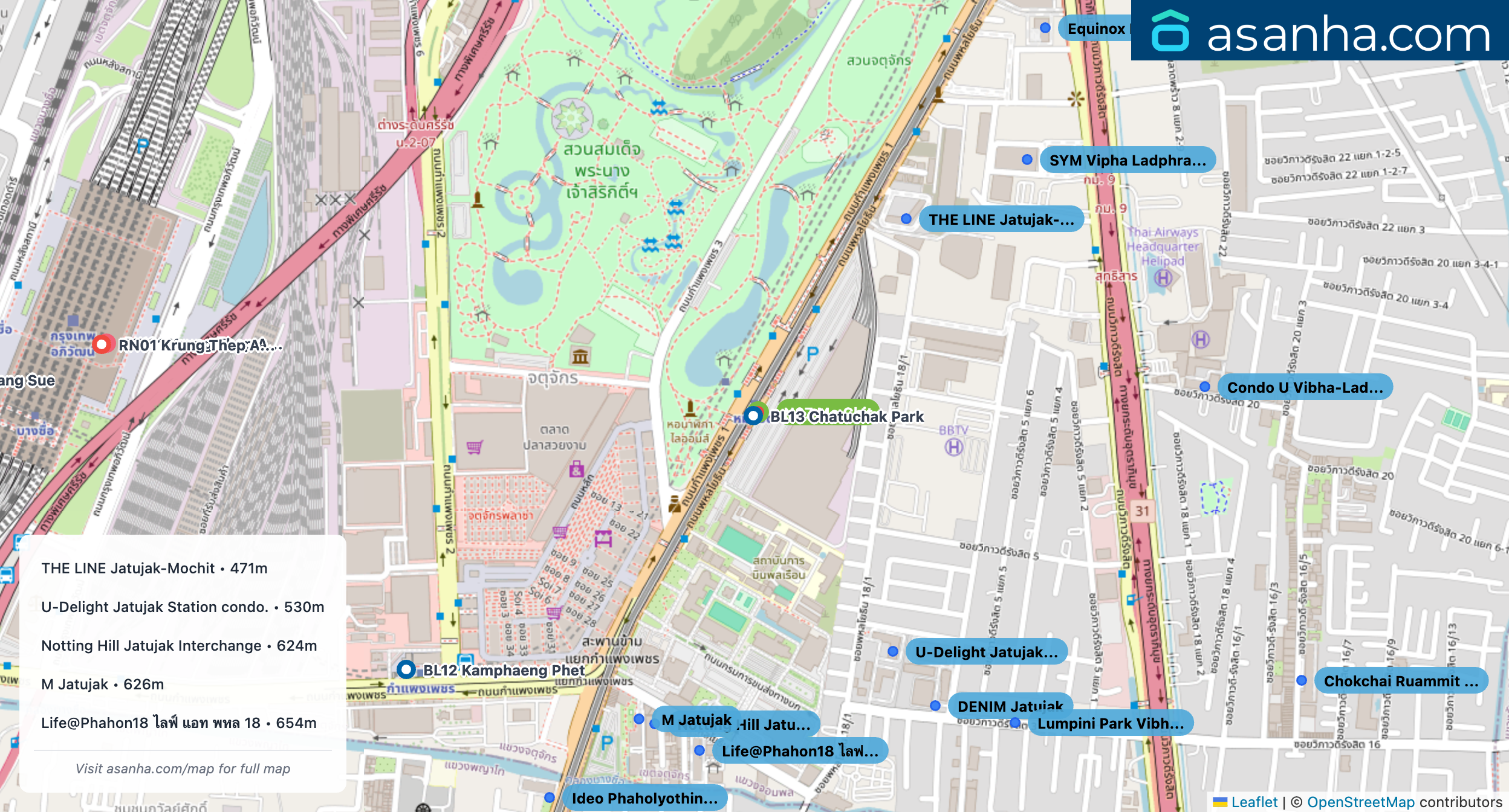 Map of condo projects near N07 Mo Chit station. Nearest projects are THE LINE Jatujak-Mochit 471 m, U-Delight Jatujak Station condo. 530 m, Notting Hill Jatujak Interchange 624 m, M Jatujak 626 m, Life@Phahon18 ไลฟ์ แอท พหล 18 654 m. Visit asanha.com/map for the full map
