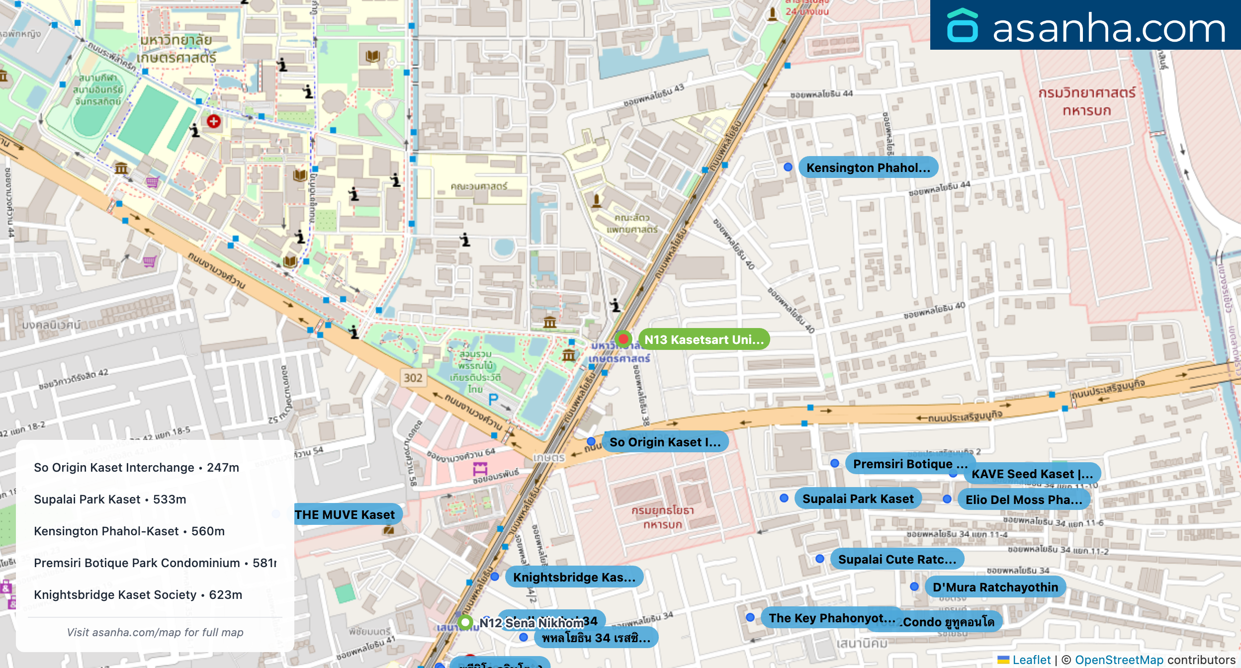 Map of condo projects near N13 Kasetsart University station. Nearest projects are So Origin Kaset Interchange 247 m, Supalai Park Kaset 533 m, Kensington Phahol-Kaset 560 m, Premsiri Botique Park Condominium 581 m, Knightsbridge Kaset Society 623 m. Visit asanha.com/map for the full map
