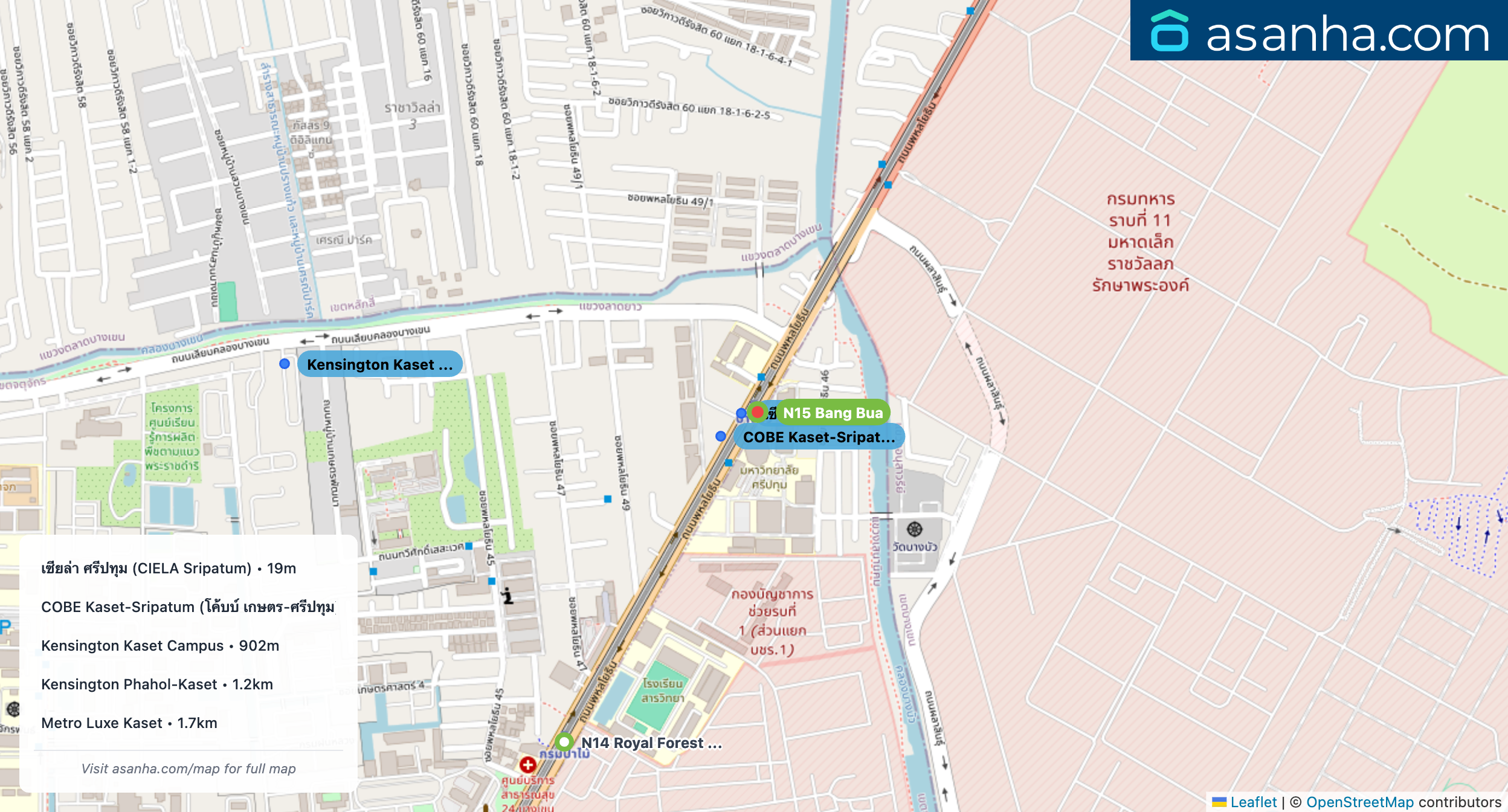 Map of condo projects near N15 Bang Bua station. Nearest projects are เซียล่า ศรีปทุม (CIELA Sripatum) 19 m, COBE Kaset-Sripatum (โค้บบ์ เกษตร-ศรีปทุม) 75 m, Kensington Kaset Campus 902 m, Kensington Phahol-Kaset 1.2 km, Metro Luxe Kaset 1.7 km. Visit asanha.com/map for the full map