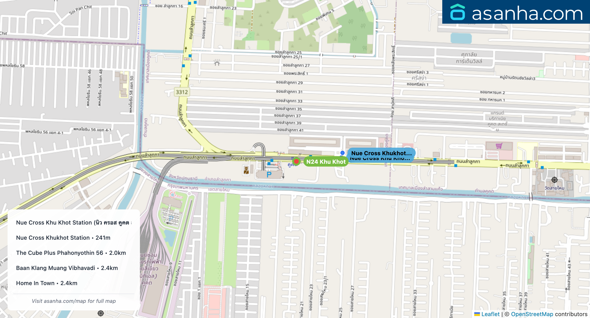 Map of condo projects near N24 Khu Khot station. Nearest projects are Nue Cross Khu Khot Station (นิว ครอส คูคต สเตชัน) 230 m, Nue Cross Khukhot Station 241 m, The Cube Plus Phahonyothin 56 2.0 km, Baan Klang Muang Vibhavadi 2.4 km, Home In Town 2.4 km. Visit asanha.com/map for the full map