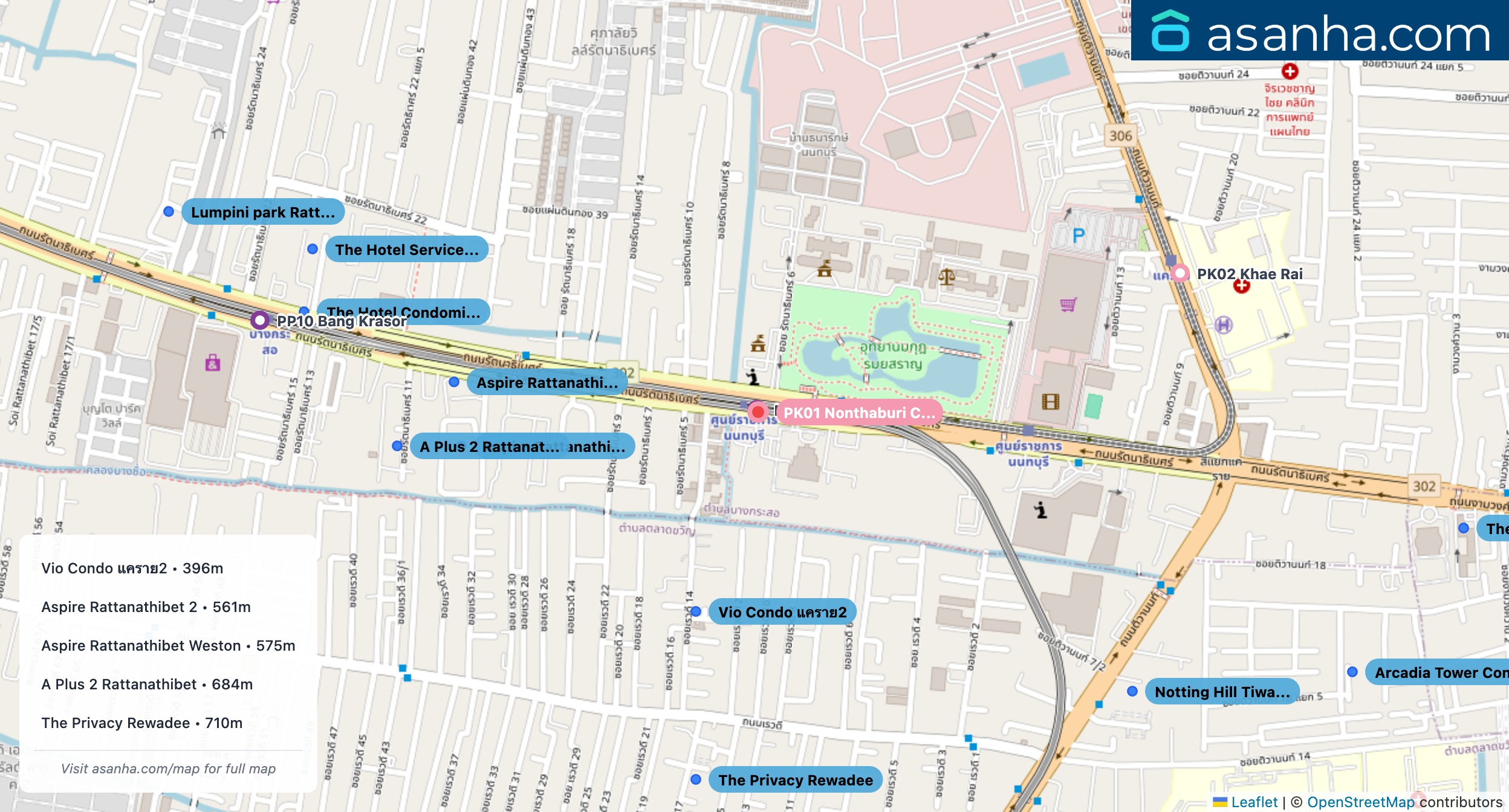 Map of condo projects near PK01 Nonthaburi Civic Center station. Nearest projects are Vio Condo แคราย2 396 m, Aspire Rattanathibet 2 561 m, Aspire Rattanathibet Weston 575 m, A Plus 2 Rattanathibet 684 m, The Privacy Rewadee 710 m. Visit asanha.com/map for the full map